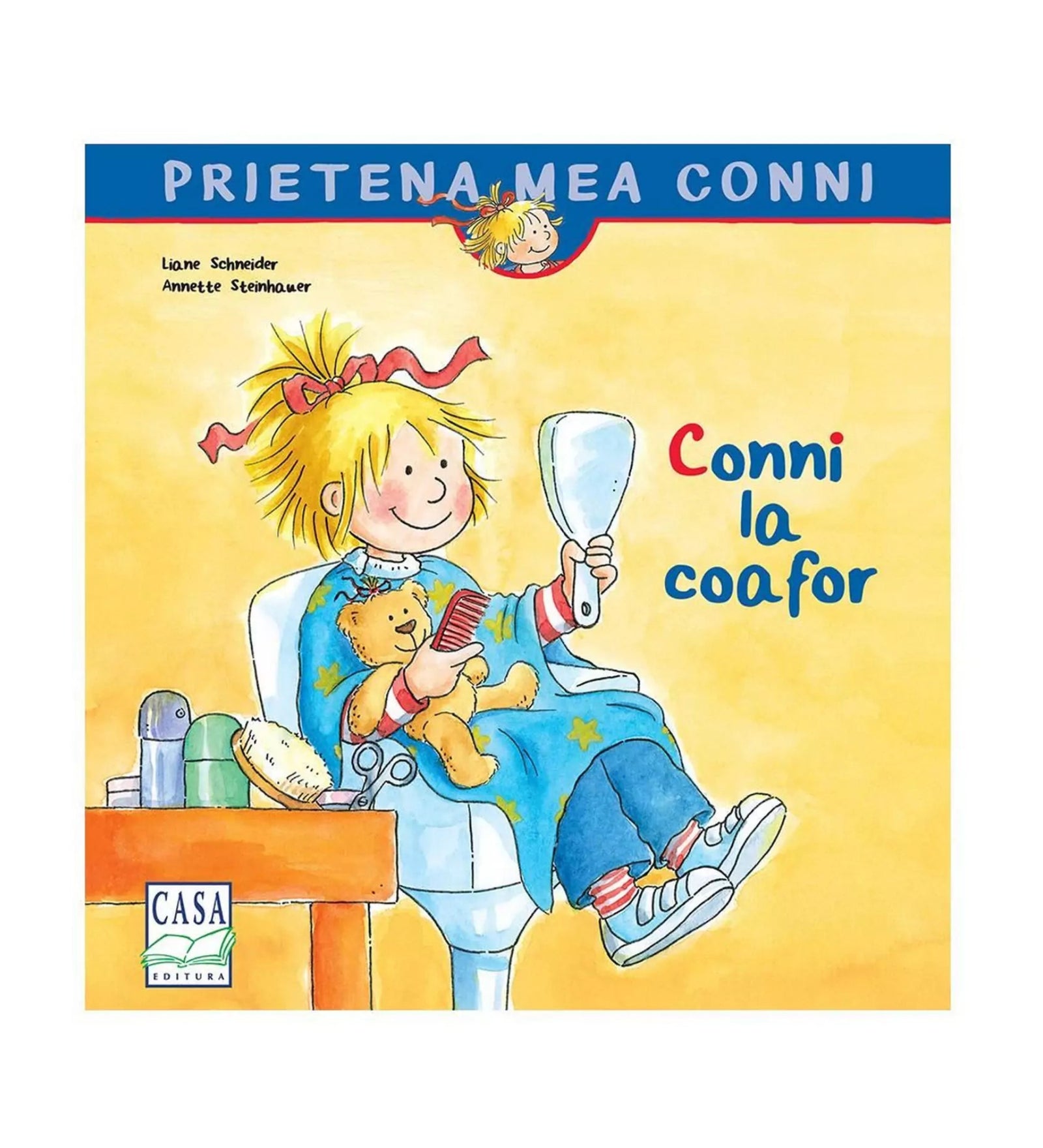 A könyvborítón a „Conni la coafor” című könyv látható a Prietena mea Conni sorozatból. A vidám illusztráción Conni egy fodrászszékben ül, kék köpenyt visel, kezében tükröt és fésűt tart, ölében pedig a plüssmackója ül. A háttér sárga, a jobb oldalon piros-kék betűkkel olvasható a könyv címe.