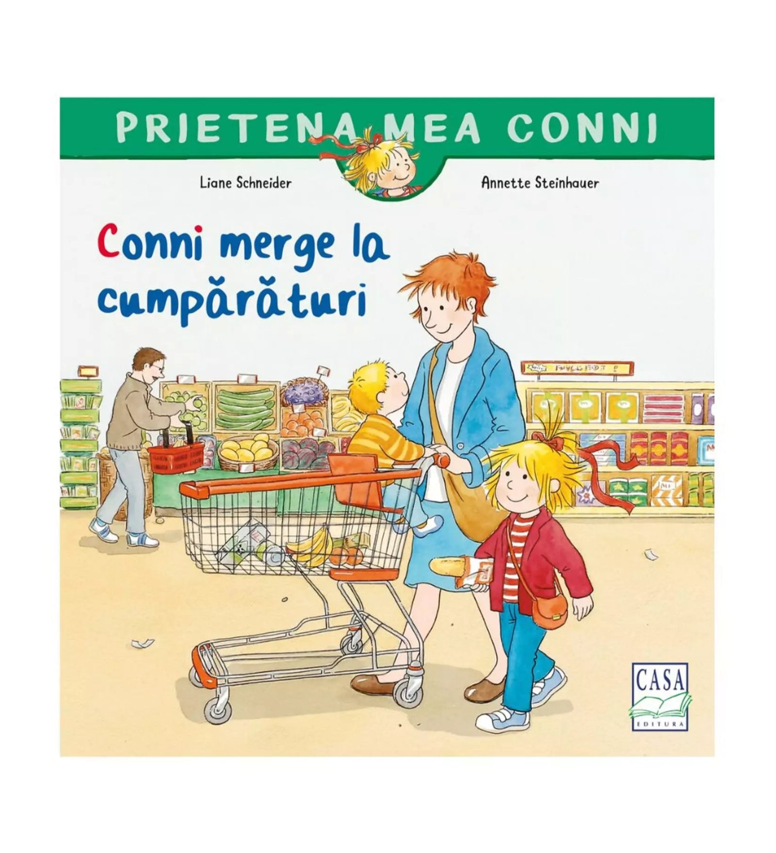 A „Prietena mea Conni – Conni merge la cumpărături” című gyerekkönyv borítóján Conni édesanyjával és kis testvérével vásárol egy szupermarketben. Az anya tolja a bevásárlókocsit, benne zöldségek, gyümölcsök és a kisfiú ül a kosárban.