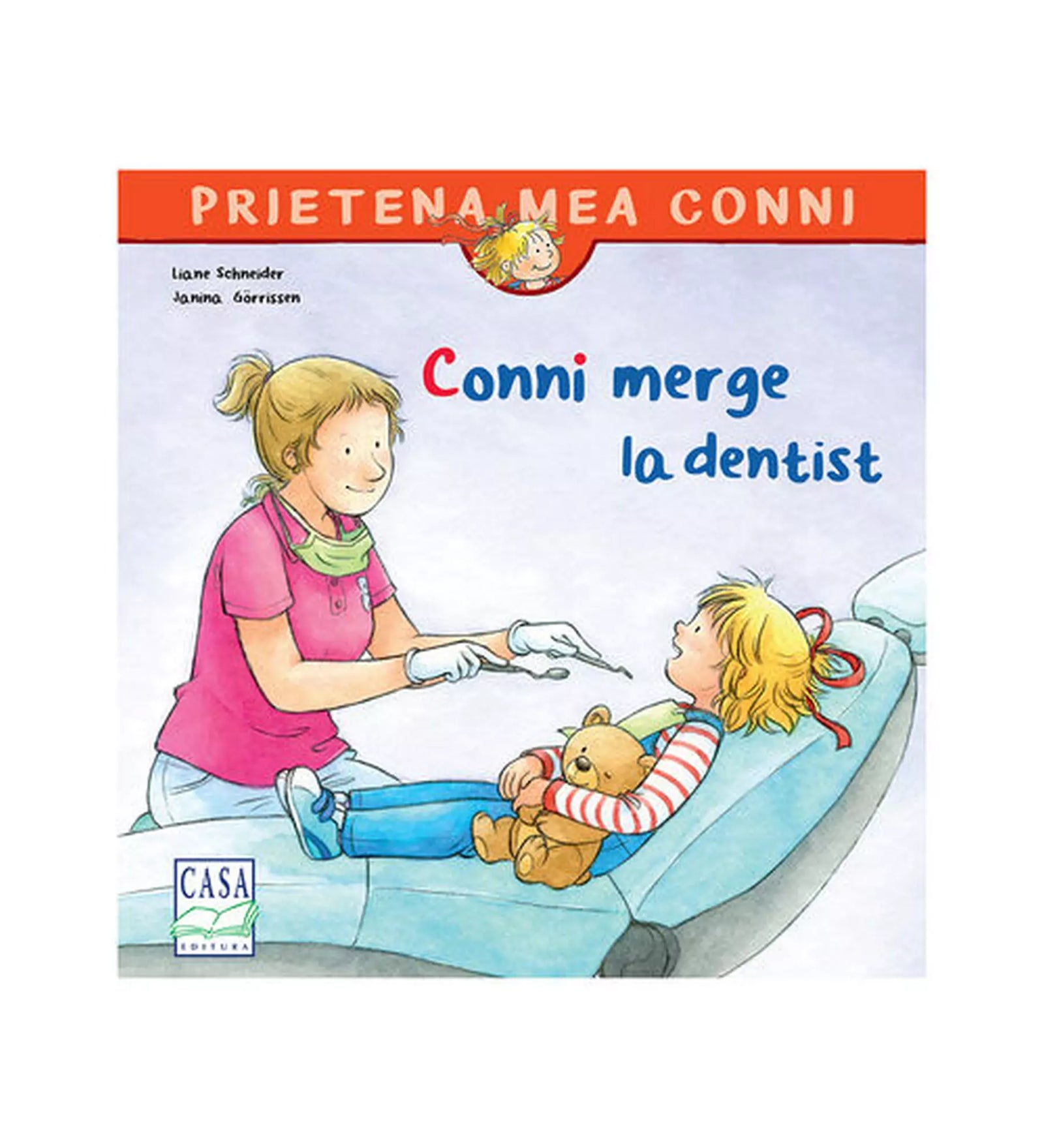 „A Conni merge la dentist román nyelvű mesekönyv borítója, amelyen Conni a fogorvosi székben ül plüssmackójával, miközben a kedves doktornő megvizsgálja a fogát.”