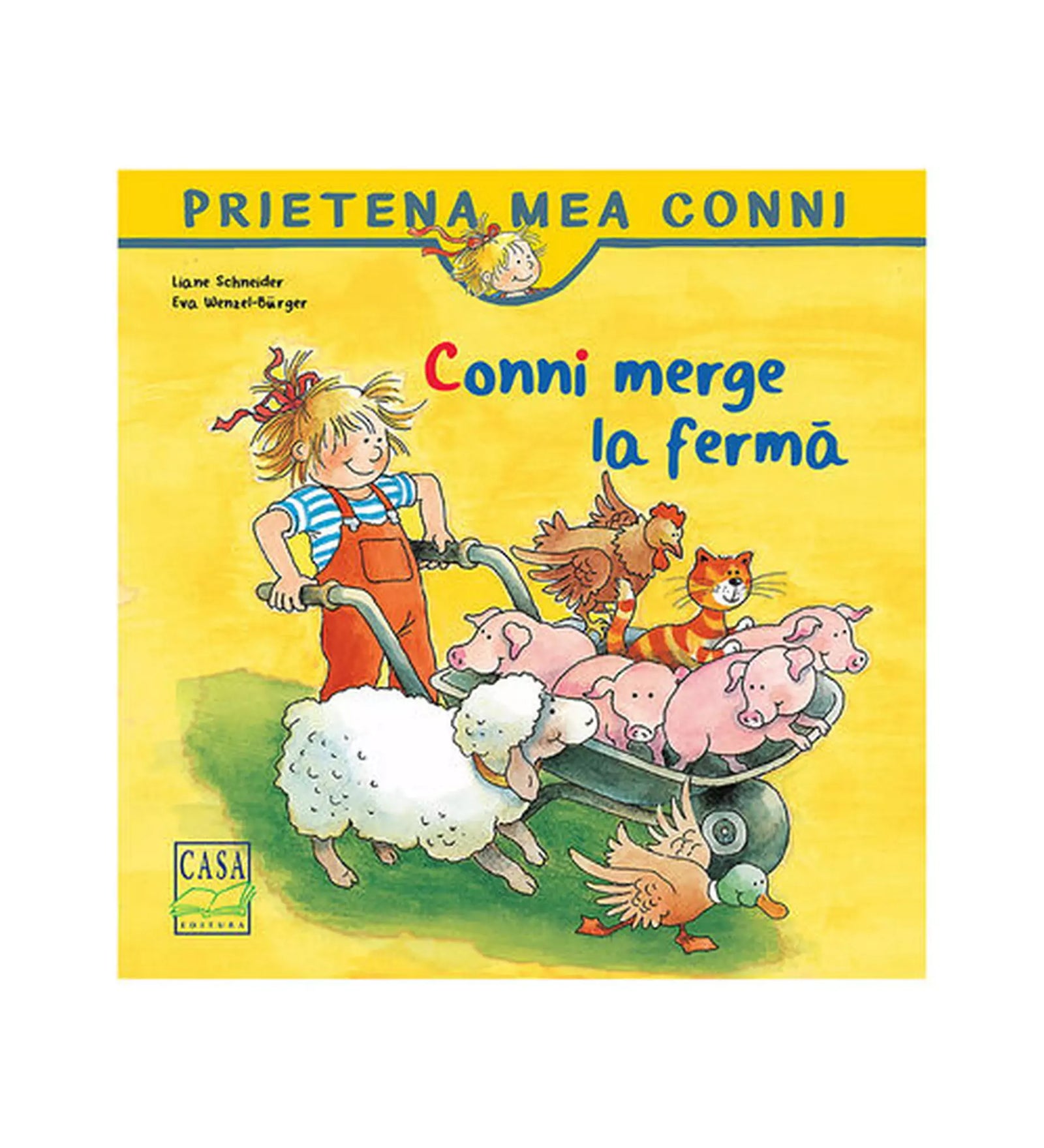 „A Conni merge la fermă (Prietena mea Conni 3.) román nyelvű mesekönyv borítója, amelyen Conni állatokat – bárányt, malacokat, kacsát és macskát – gondoz a farmon.”
