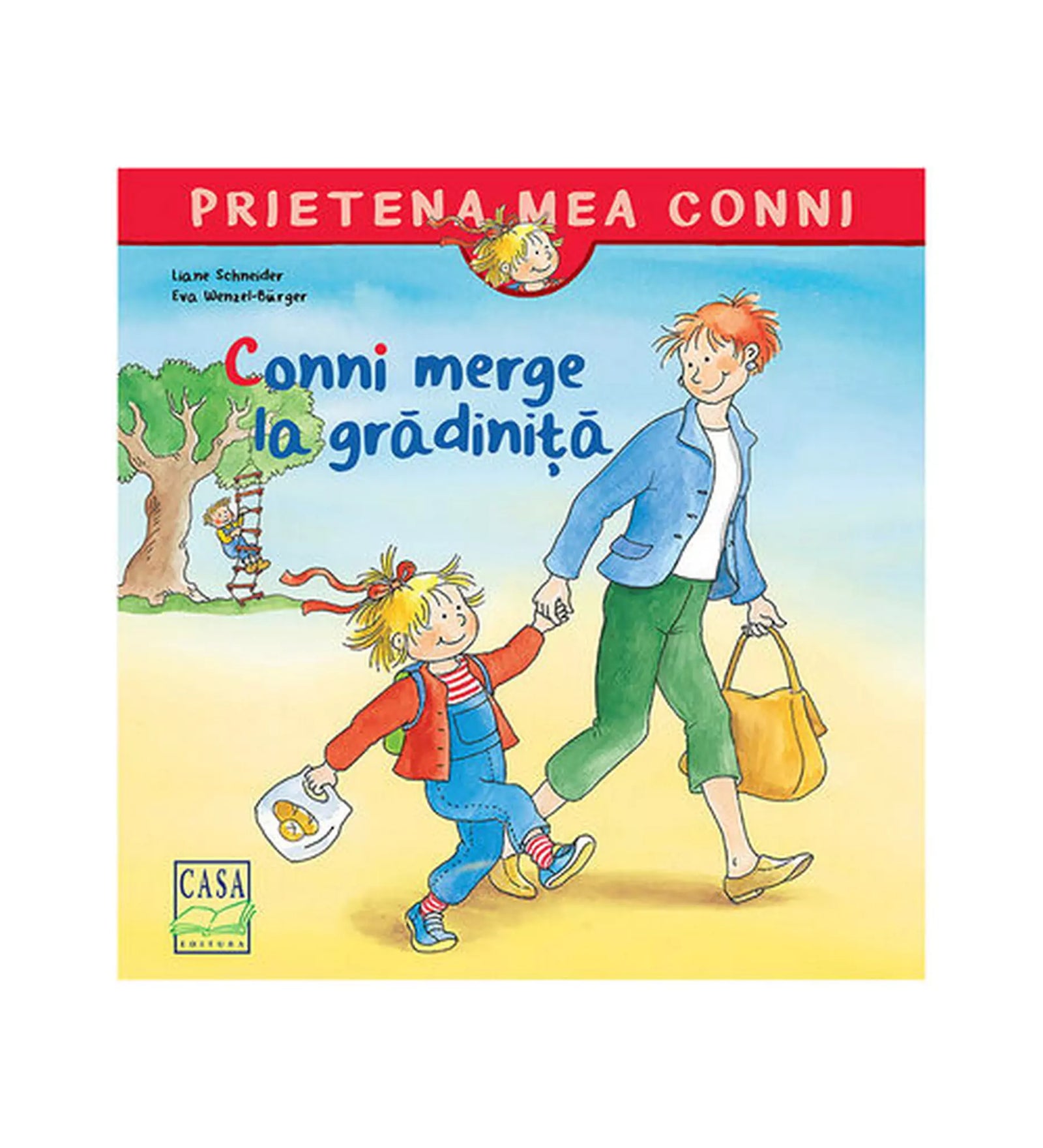 „A Conni merge la grădiniță (Prietena mea Conni) román nyelvű mesekönyv borítója, amelyen Conni vidáman megy apukájával az óvodába, kezében uzsonnás táskával.”