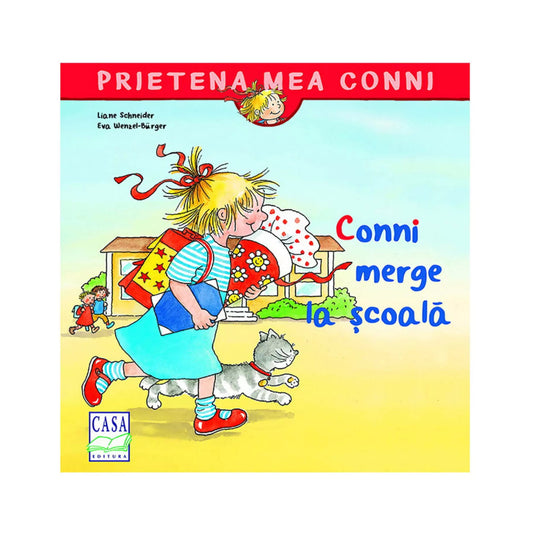 „Conni merge la școală – gyerekkönyv borítója, amelyen Conni iskolatáskával, virágcsokorral és könyvvel a kezében vidáman siet az iskolába, mellette egy macska.”