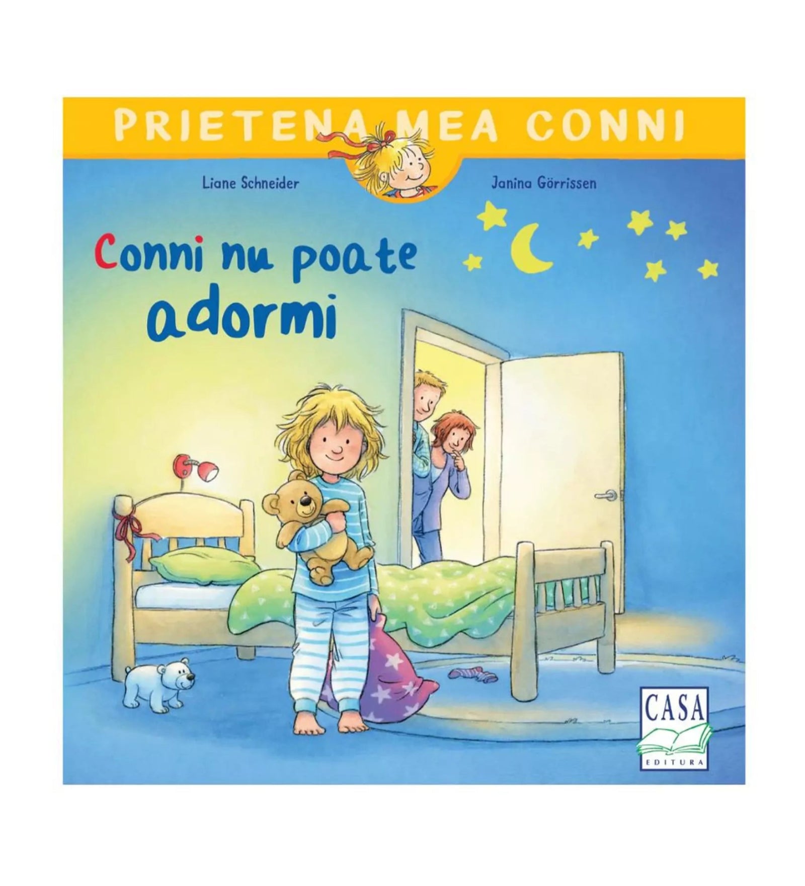 A kép a „Prietena mea Conni – Conni nu poate adormi” című gyerekkönyv borítóját ábrázolja. A rajzolt illusztráción Conni pizsamában, egy plüssmackót szorongatva áll az ágy mellett, mögötte a szülők lesnek be az ajtón. Az éjszakai hangulatot a kék háttér, a sárga hold és a csillagok emelik ki.
