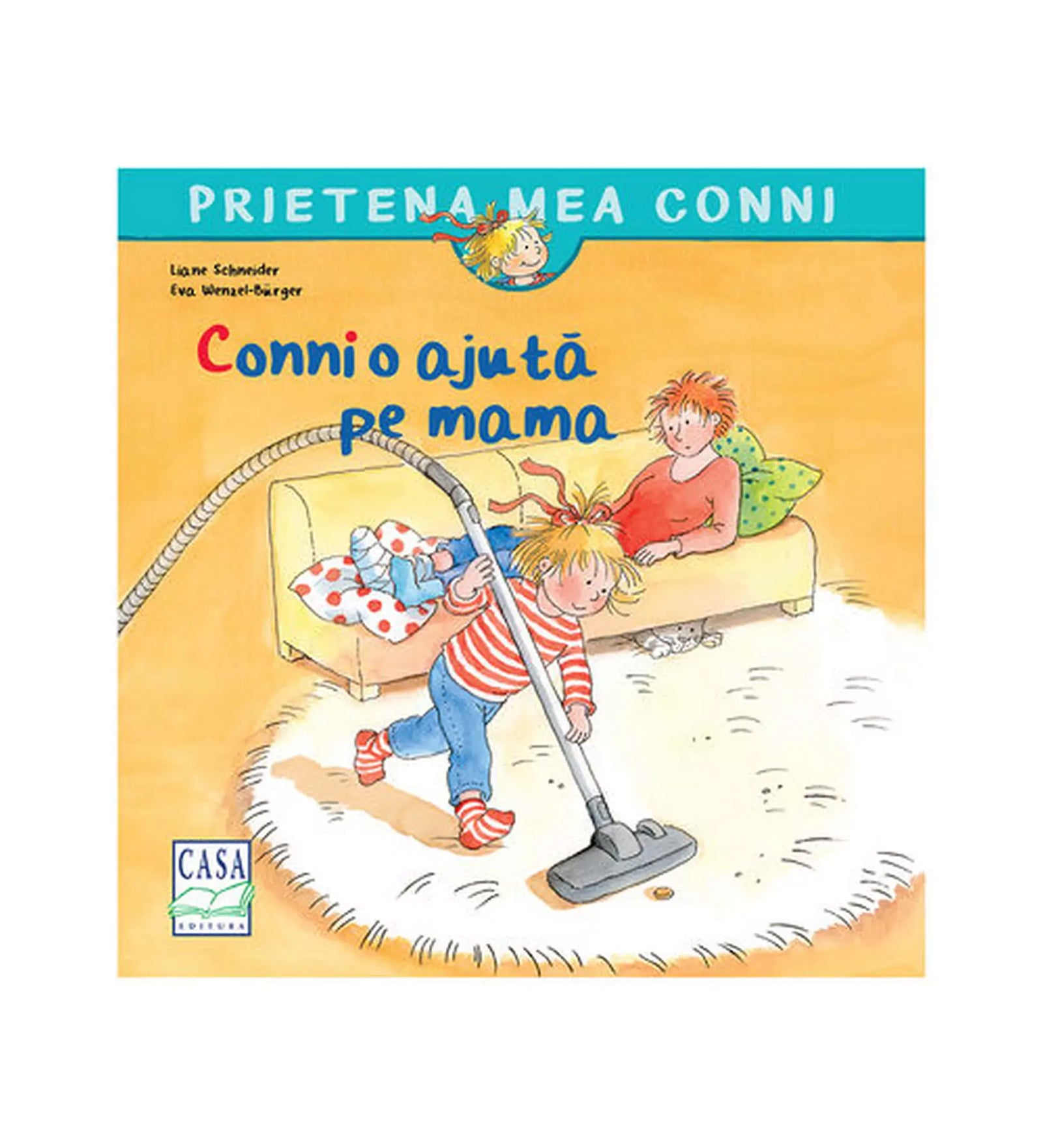 „A Conni o ajută pe mama román nyelvű mesekönyv borítója, amelyen Conni porszívózik, miközben édesanyja a kanapén pihen.”