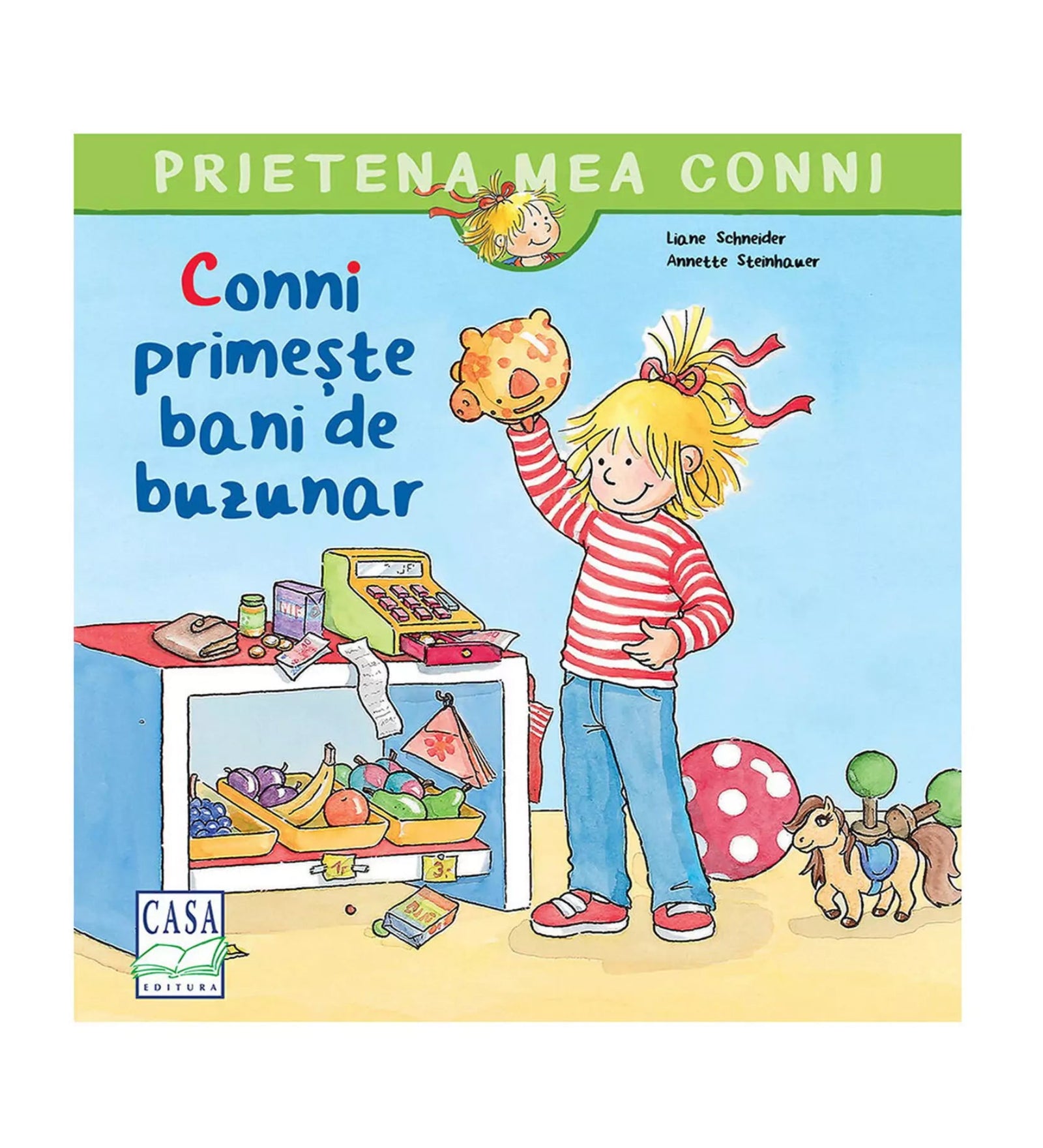 A könyvborítón a „Conni primește bani de buzunar” című kötet látható a Prietena mea Conni sorozatból. A vidám illusztráción Conni piros-fehér csíkos felsőben, kék nadrágban és piros cipőben áll, kezében egy narancssárga, katicás persellyel.