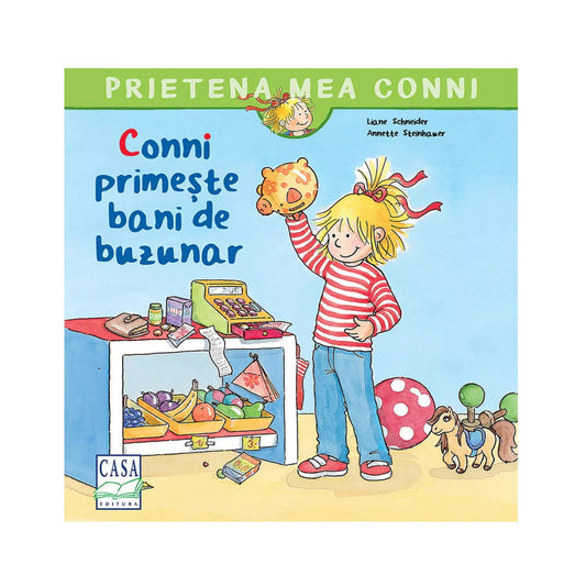 A könyvborítón a „Conni primește bani de buzunar” című kötet látható a Prietena mea Conni sorozatból. A vidám illusztráción Conni piros-fehér csíkos felsőben, kék nadrágban és piros cipőben áll, kezében egy narancssárga, katicás persellyel.