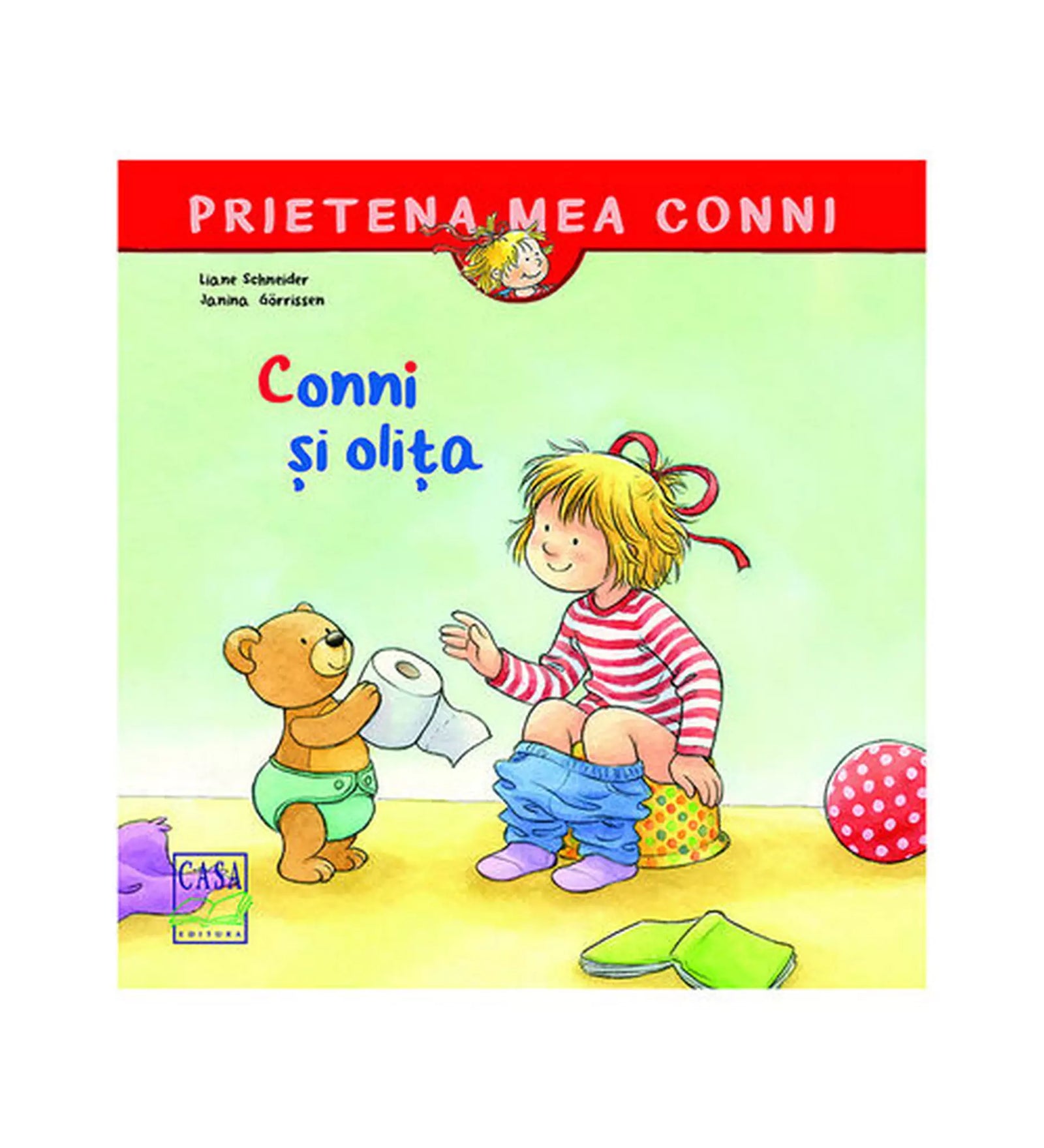 „A Conni și olița (Prietena mea Conni 1.) román nyelvű mesekönyv borítója, amelyen Conni a bili mellett ül, miközben a plüssmackója wc-papírt tart.”