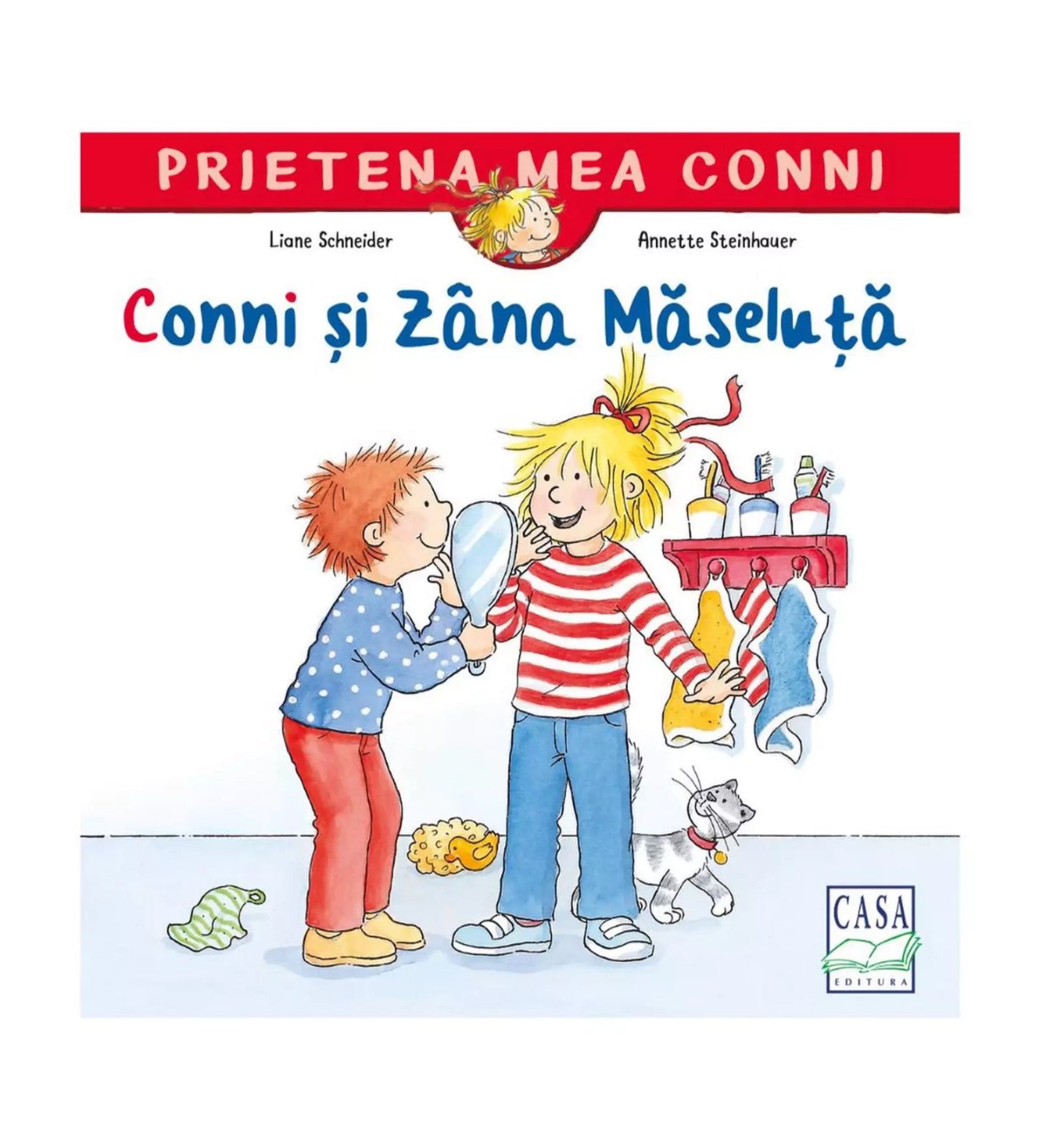Prietena mea Conni – Conni și Zâna Măseluță könyv borítója, amelyen Conni és egy kisfiú tükörrel játszik a fürdőszobában, háttérben fogkefékkel és törölközőkkel.