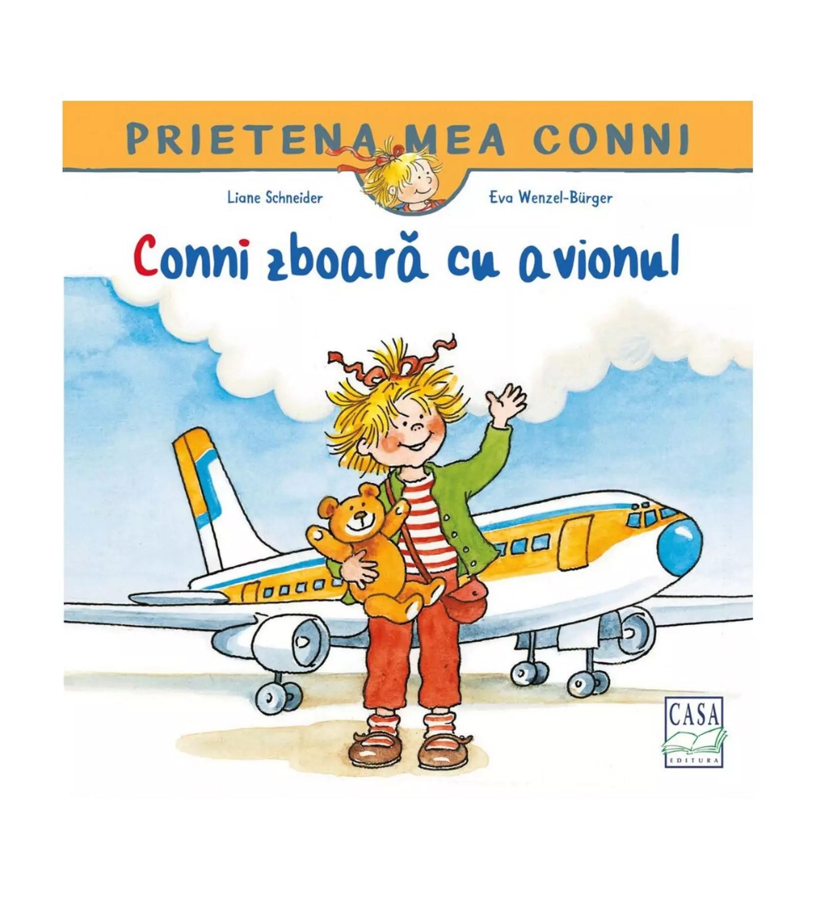 „Conni zboară cu avionul – Prietena mea Conni sorozat borítója, amelyen Conni mackóját ölelve integet egy repülőgép előtt.”