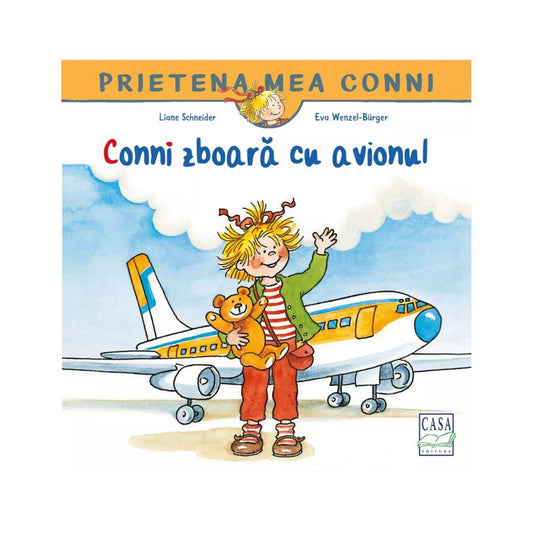 „Conni zboară cu avionul – Prietena mea Conni sorozat borítója, amelyen Conni mackóját ölelve integet egy repülőgép előtt.”