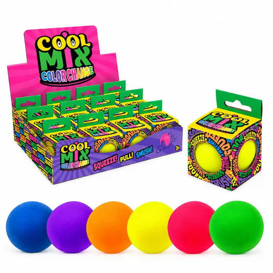 Cool Mix Squishy 7 cm stresszlevezető játék (sárga) – Több színes termékdoboz bemutatóállványon, mellettük sárga labdás doboz és hat különböző színű squishy labda.