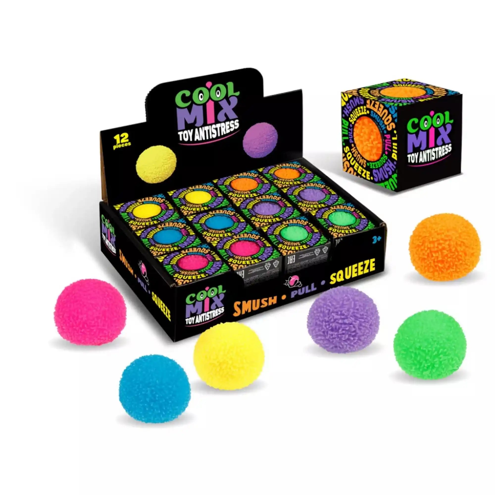 Cool Mix Squishy: Bolyhos tapintású labda 6 cm stresszlevezető játék (sárga) – színes Cool Mix dobozok és különböző színű bolyhos stresszlabdák bemutatócsomagban.