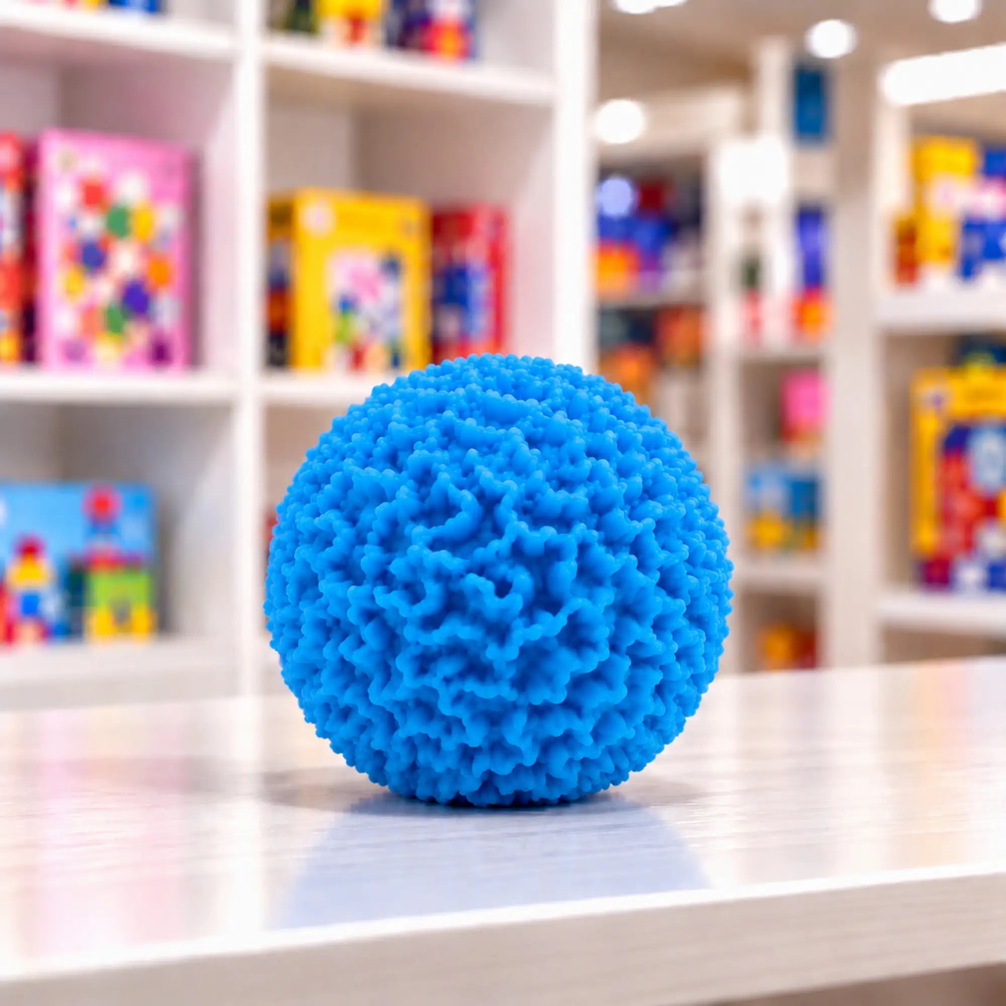 Cool Mix Squishy: Bolyhos tapintású labda 6 cm stresszlevezető játék (kék), élénkkék, rücskös felületű labda játékbolt pultján.