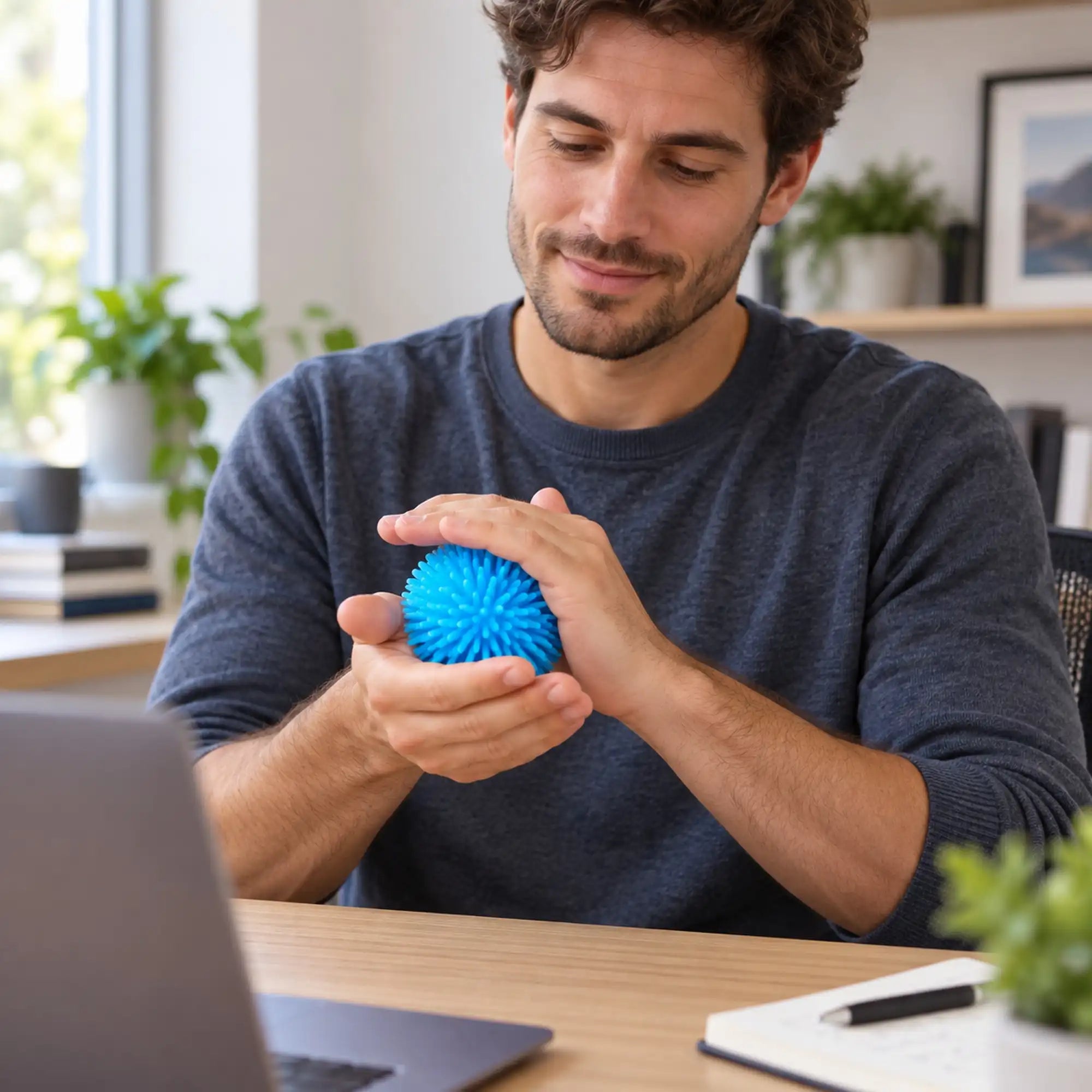 Cool Mix Squishy: Bolyhos tapintású labda 6 cm stresszlevezető játék (kék) – férfi kék, bolyhos tapintású stresszlabdát nyomkod az íróasztalánál.