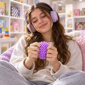 Lány lila Cool Mix tüskés stresszlabdát nyomkod fejhallgatóval