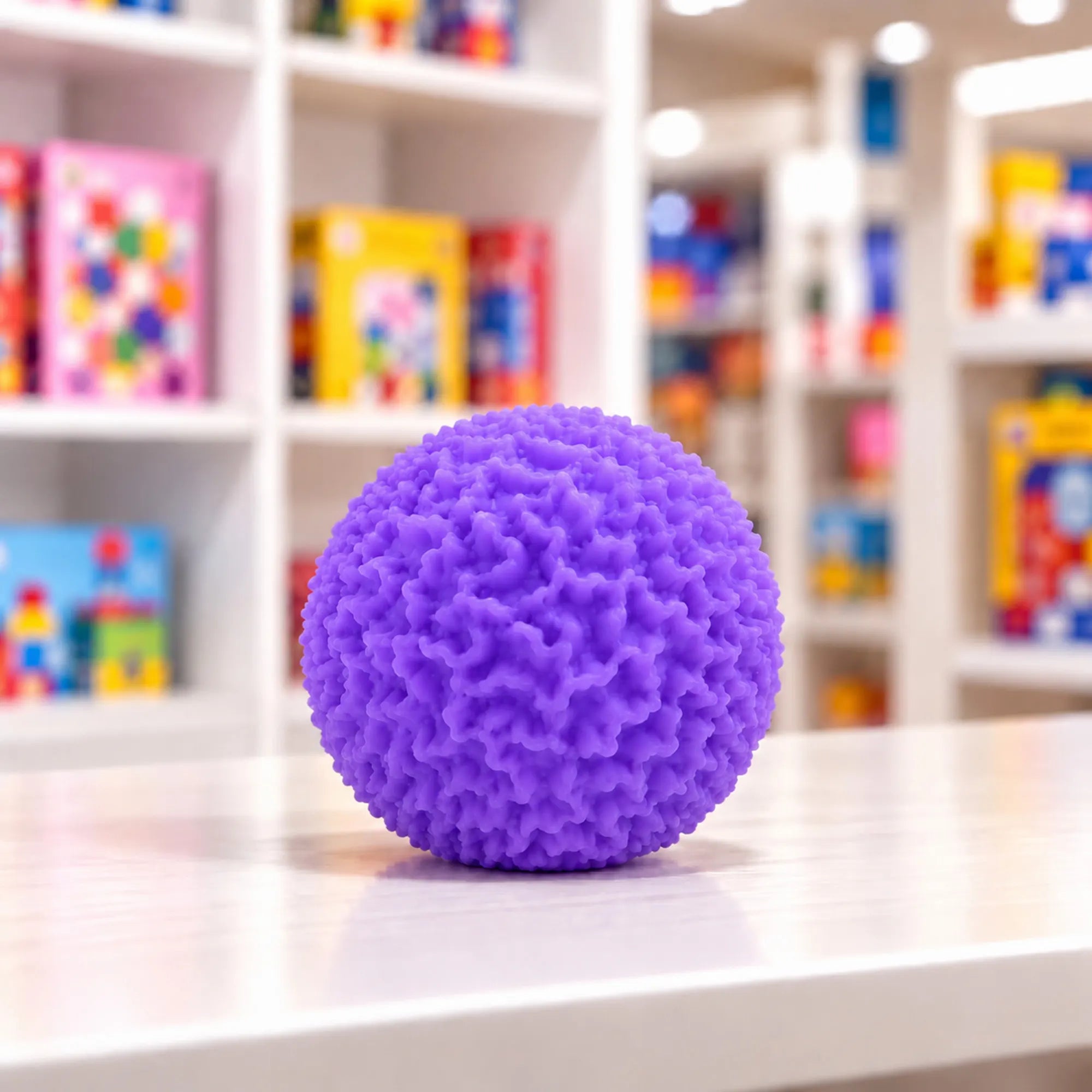 Cool Mix Squishy: Bolyhos tapintású labda 6 cm stresszlevezető játék (lila), rücskös felületű lila labda játékbolt pultján, elmosódott polcok előtt.