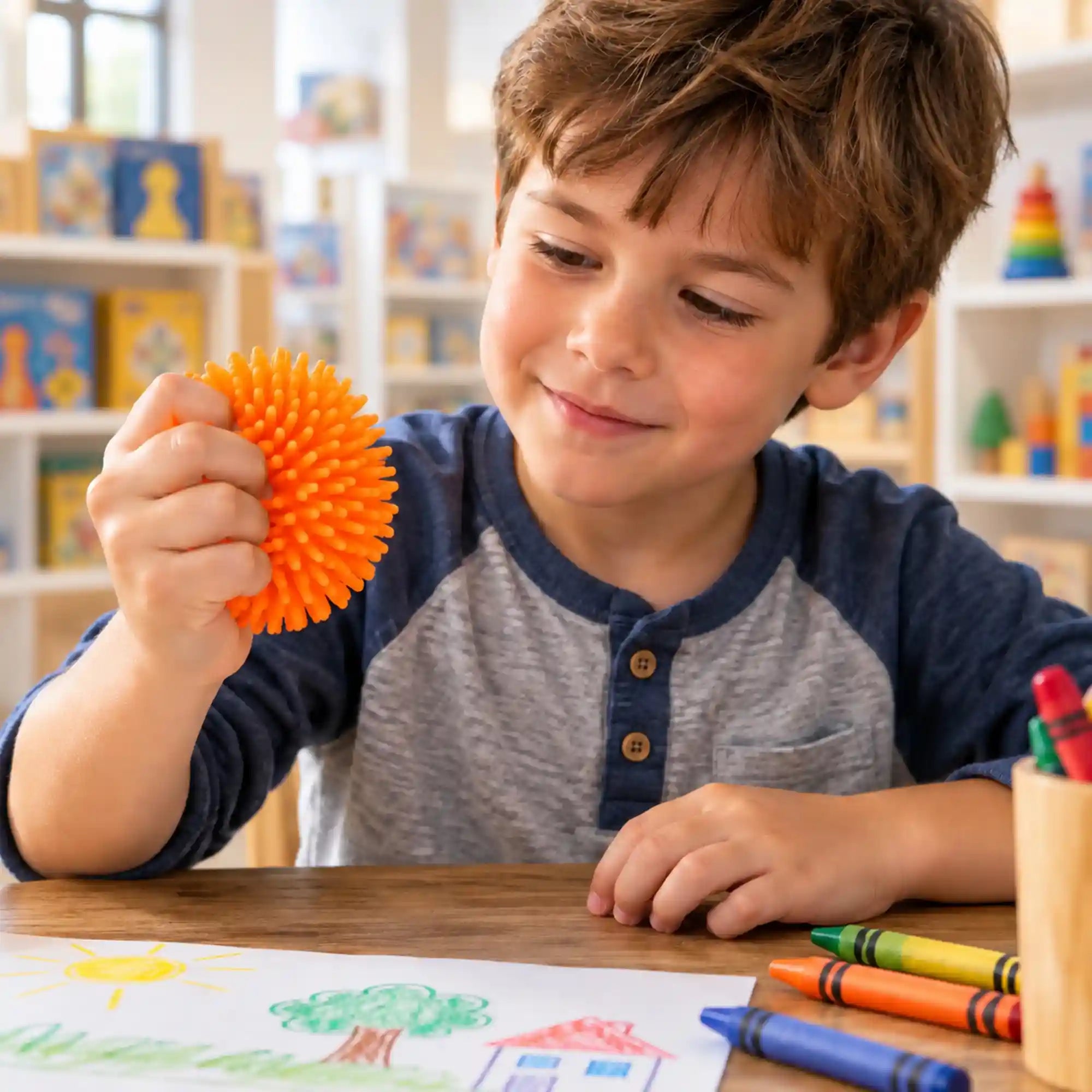 Kisfiú narancssárga Cool Mix Squishy tüskés stresszlabdát nyomkod