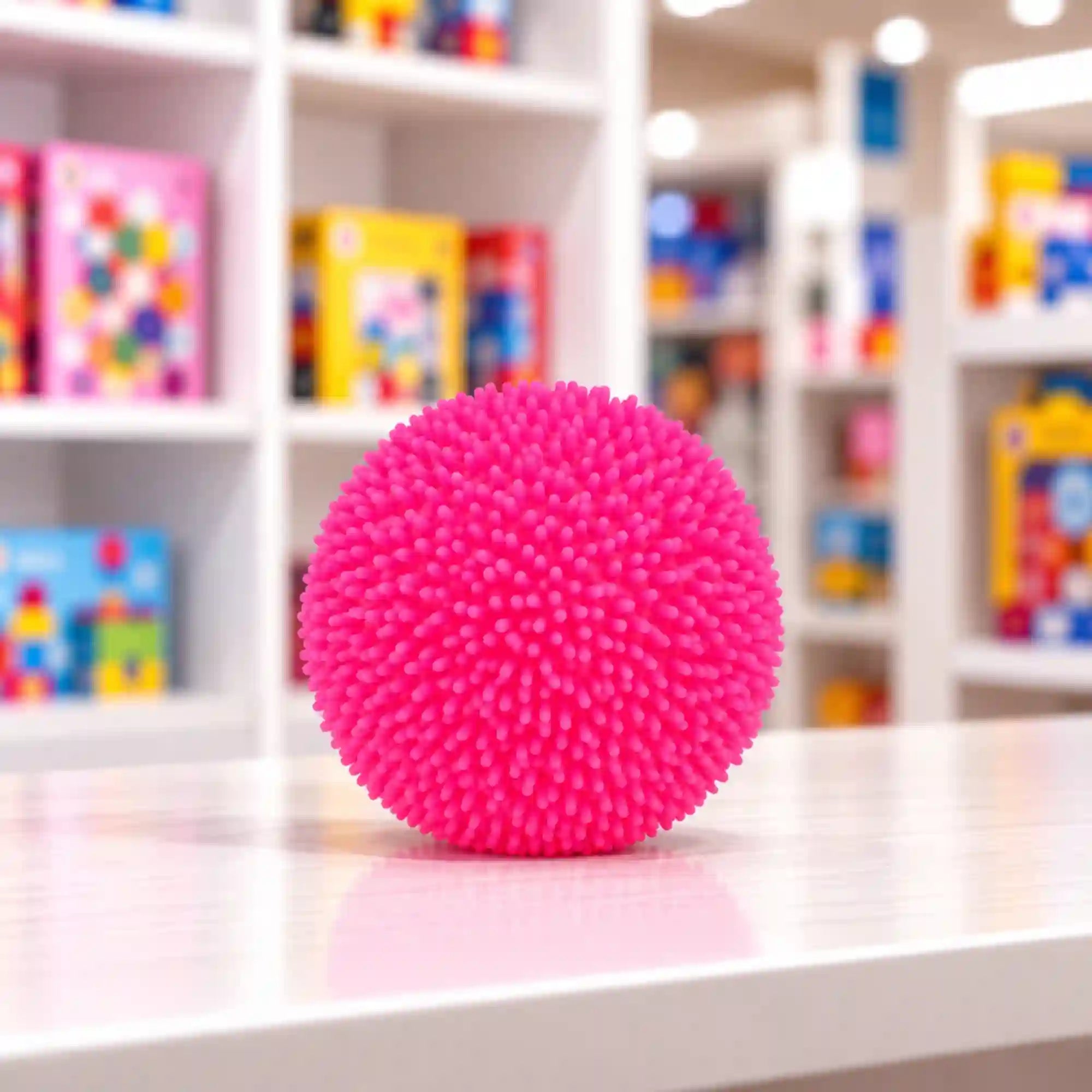 Cool Mix bolyhos tapintású squishy stresszlabda (rózsaszín) – élénk rózsaszín, puha tüskékkel borított, gömb alakú stresszlabda fehér asztalon, elmosódott játékbolti háttérrel.
