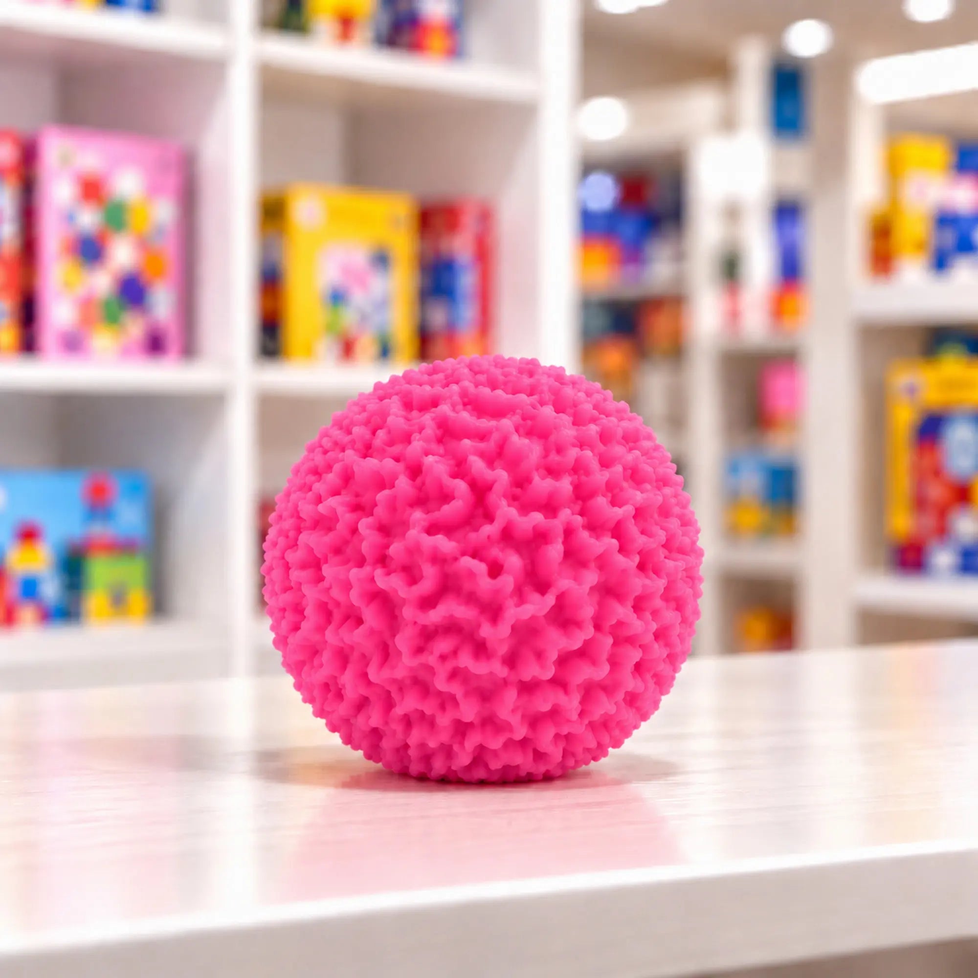 Cool Mix Squishy: Bolyhos tapintású labda 6 cm stresszlevezető játék (rózsaszín), rücskös felületű labda játékbolt pultján, színes játékdobozok előtt.