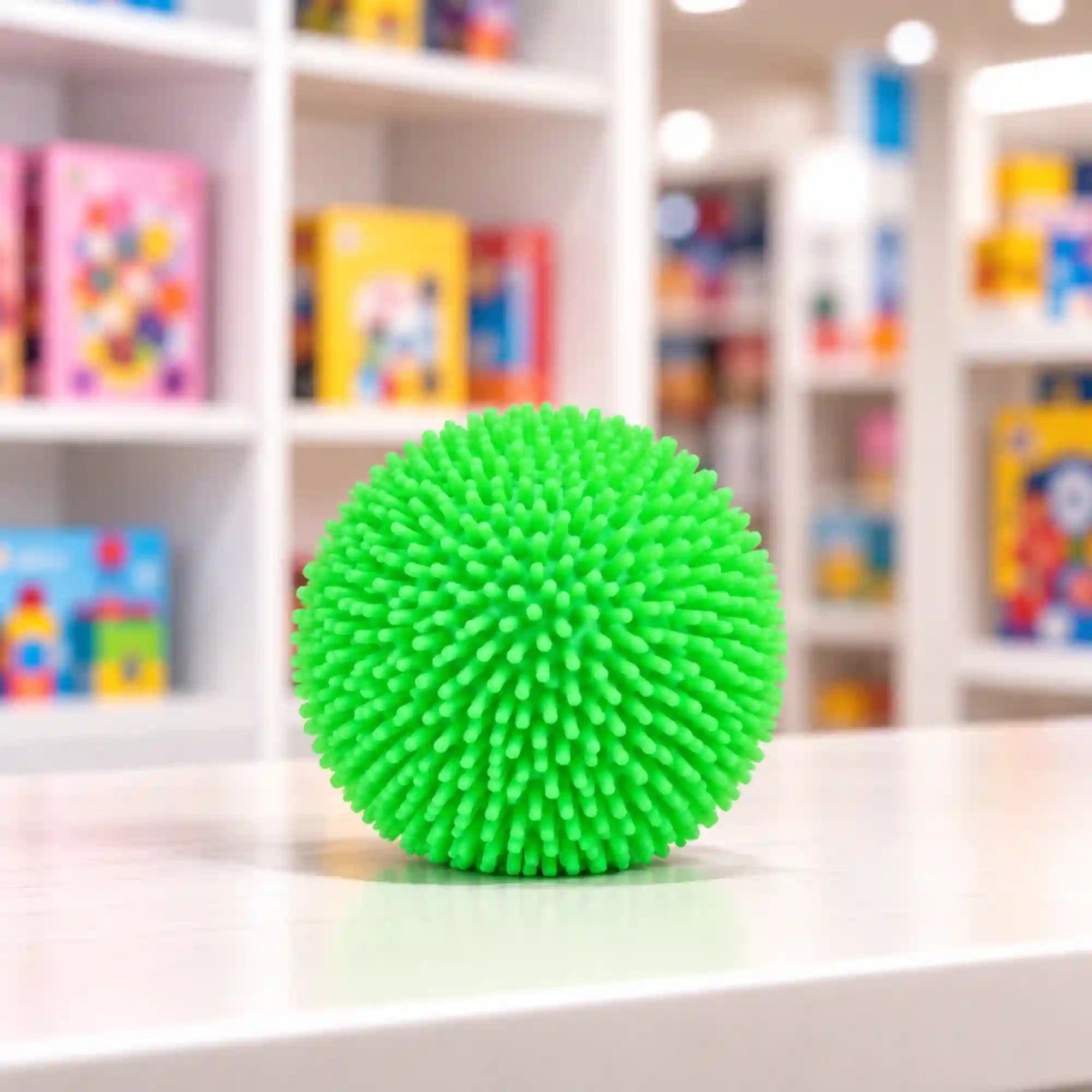Cool Mix bolyhos tapintású squishy stresszlabda (zöld) – élénkzöld, puha tüskékkel borított, gömb alakú stresszlabda fehér asztalon, elmosódott játékbolti háttérrel.