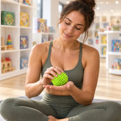 Nő zöld Cool Mix Squishy tüskés stresszlabdát tart a kezében