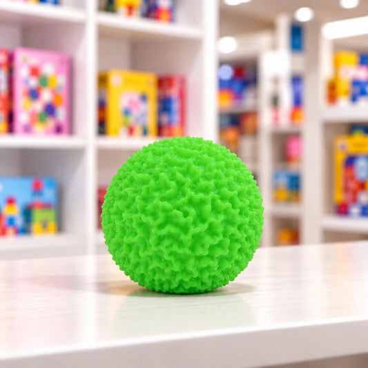 Cool Mix Squishy: Bolyhos tapintású labda 6 cm stresszlevezető játék (zöld), élénkzöld, rücskös felületű labda játékbolt pultján.