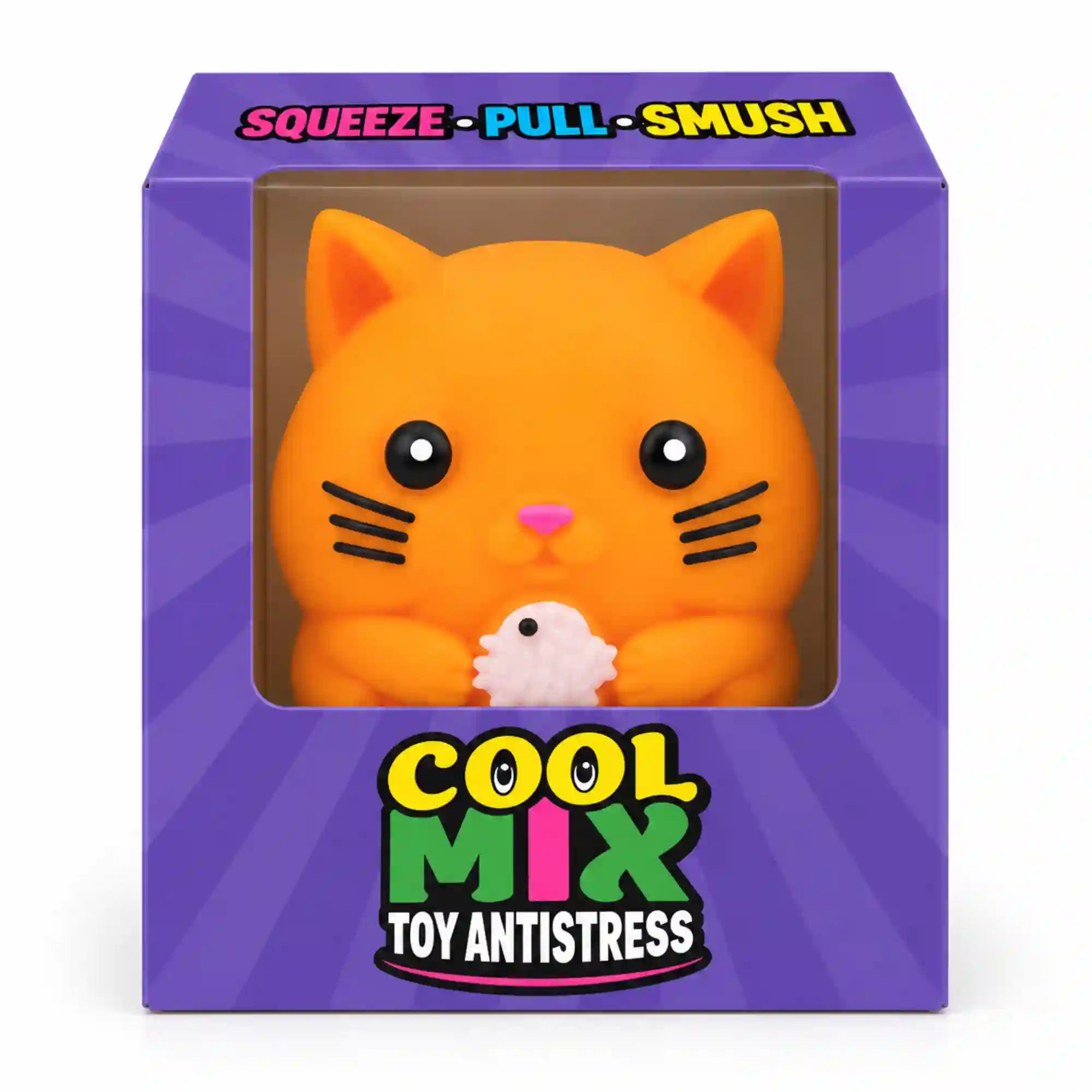 Cool Mix macska stresszlevezető játék – narancssárga cica hallal, lila Cool Mix Toy Antistress díszdobozban