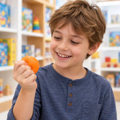 Kisfiú narancssárga Cool Mix squishy stresszlabdát nyomkod