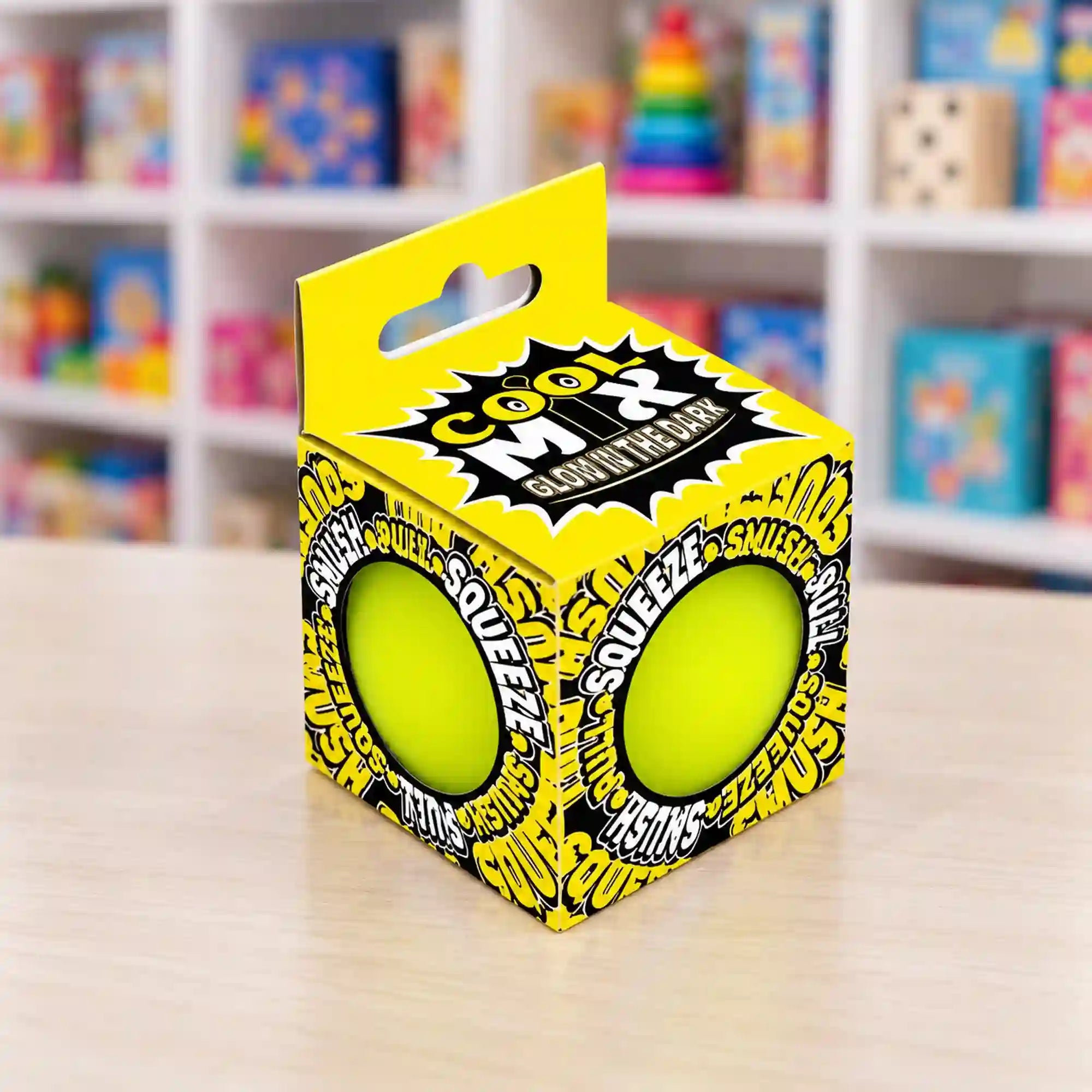 Sárga Cool Mix sötétben világító squishy stresszlabda dobozban