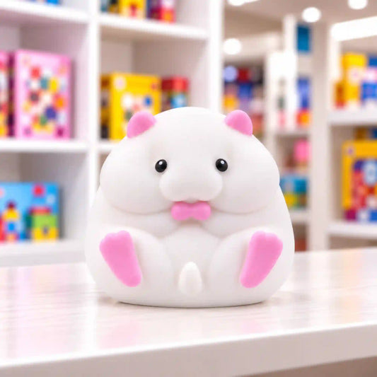 Cool Mix Squishy: Hörcsög stresszlevezető játék (fehér) – fehér, pufók hörcsögfigura rózsaszín fülekkel, mancsokkal és szájrésszel, fekete szemekkel, világos asztalon, elmosódott játékbolti háttér előtt.