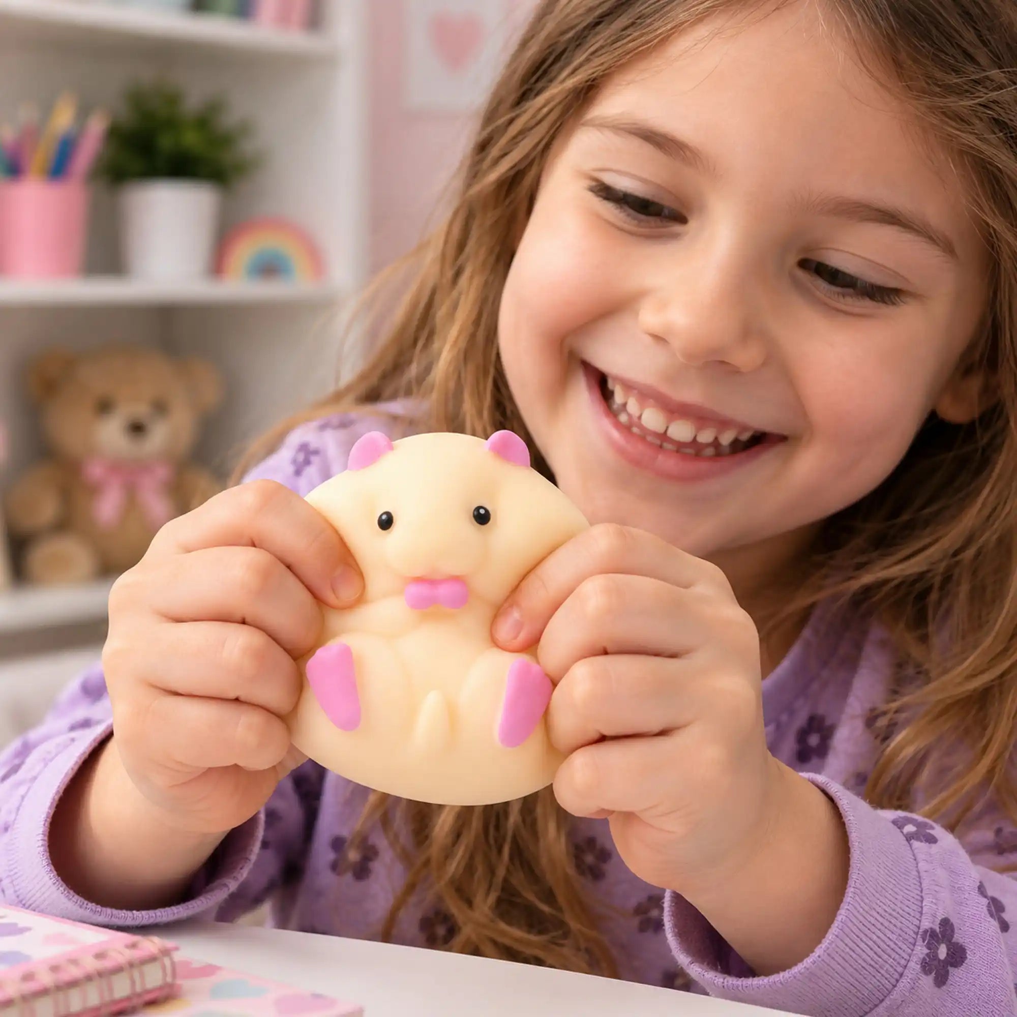 Cool Mix Hörcsög squishy stresszlevezető játék egy mosolygó kislány kezében, játék közben