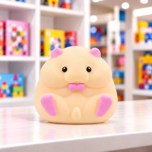 Cool Mix Squishy: Hörcsög stresszlevezető játék (narancssárga) – világos narancssárga, pufók hörcsögfigura rózsaszín fülekkel, mancsokkal és szájrésszel, fekete szemekkel, világos asztalon, elmosódott játékbolti háttér előtt.