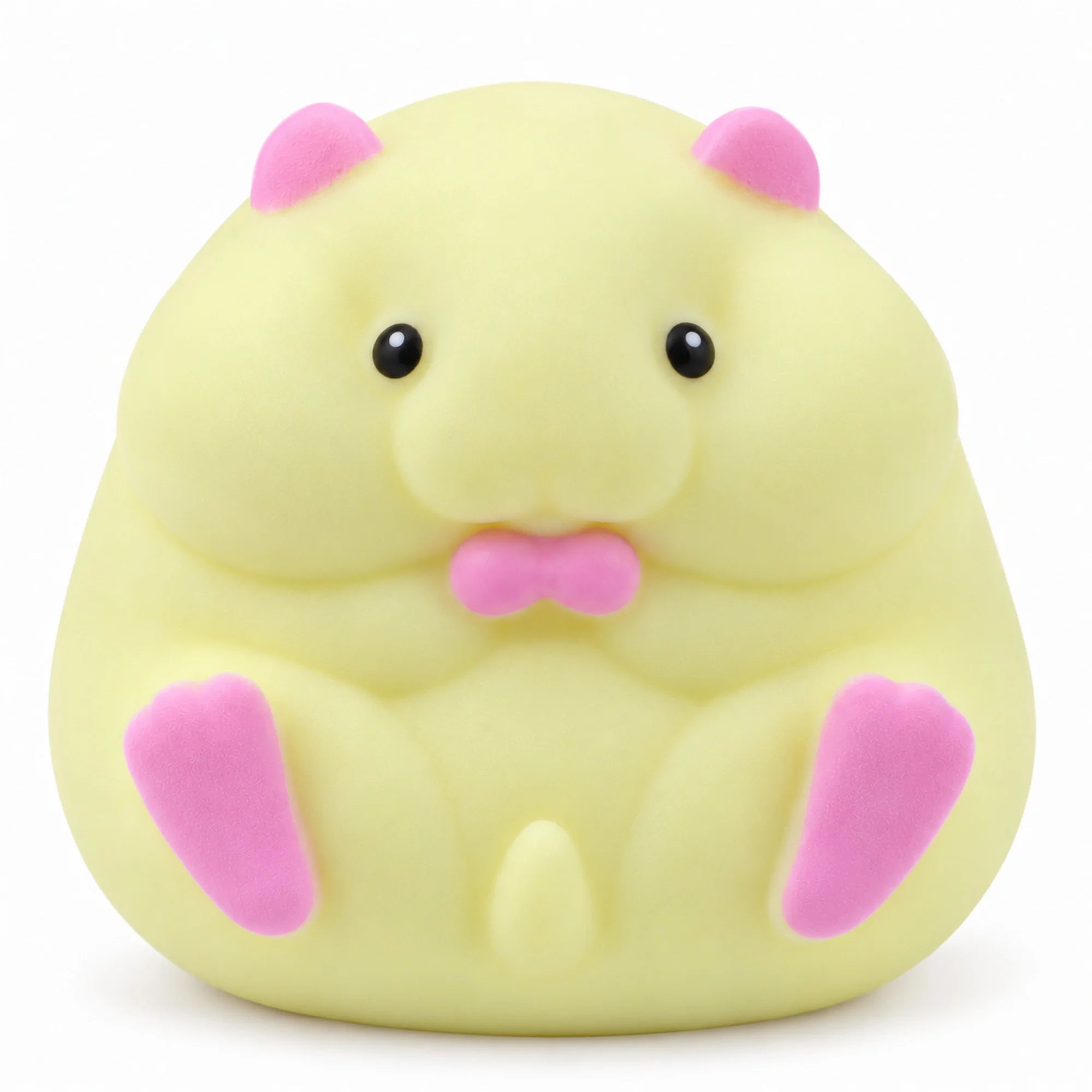 Cool Mix Squishy sárga hörcsög stresszlevezető játék rózsaszín fülekkel és tappancsokkal, fehér háttéren