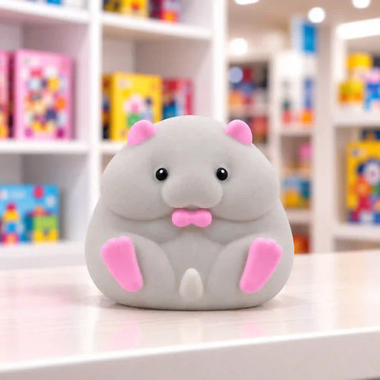 Cool Mix Squishy: Hörcsög stresszlevezető játék (szürke) – szürke, pufók hörcsögfigura rózsaszín fülekkel, mancsokkal és szájrésszel, fekete szemekkel, világos asztalon, elmosódott játékbolti háttér előtt.