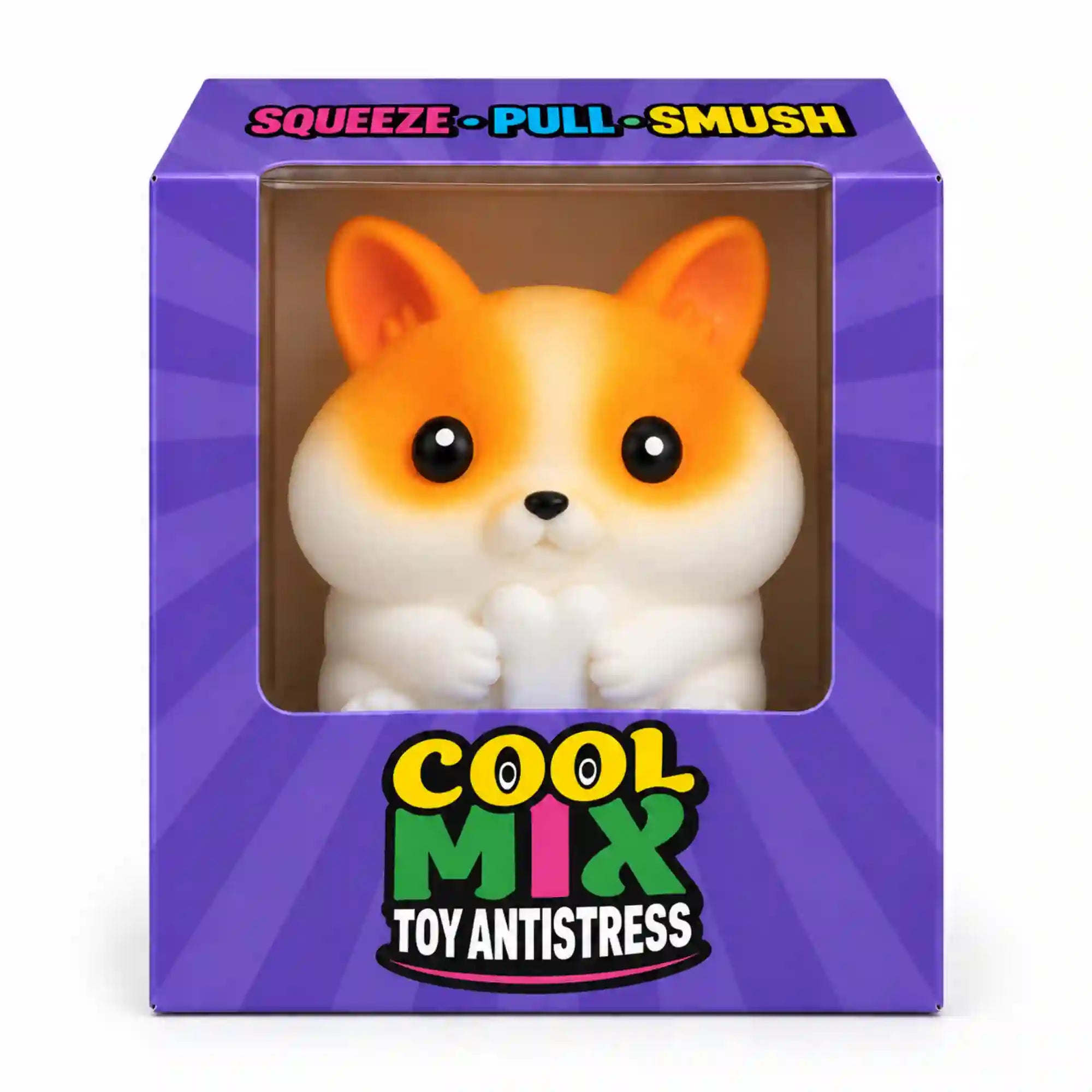 Cool Mix kutyus squishy stresszlevezető játék – aranyos narancssárga-fehér kutya, lila Cool Mix díszdobozban
