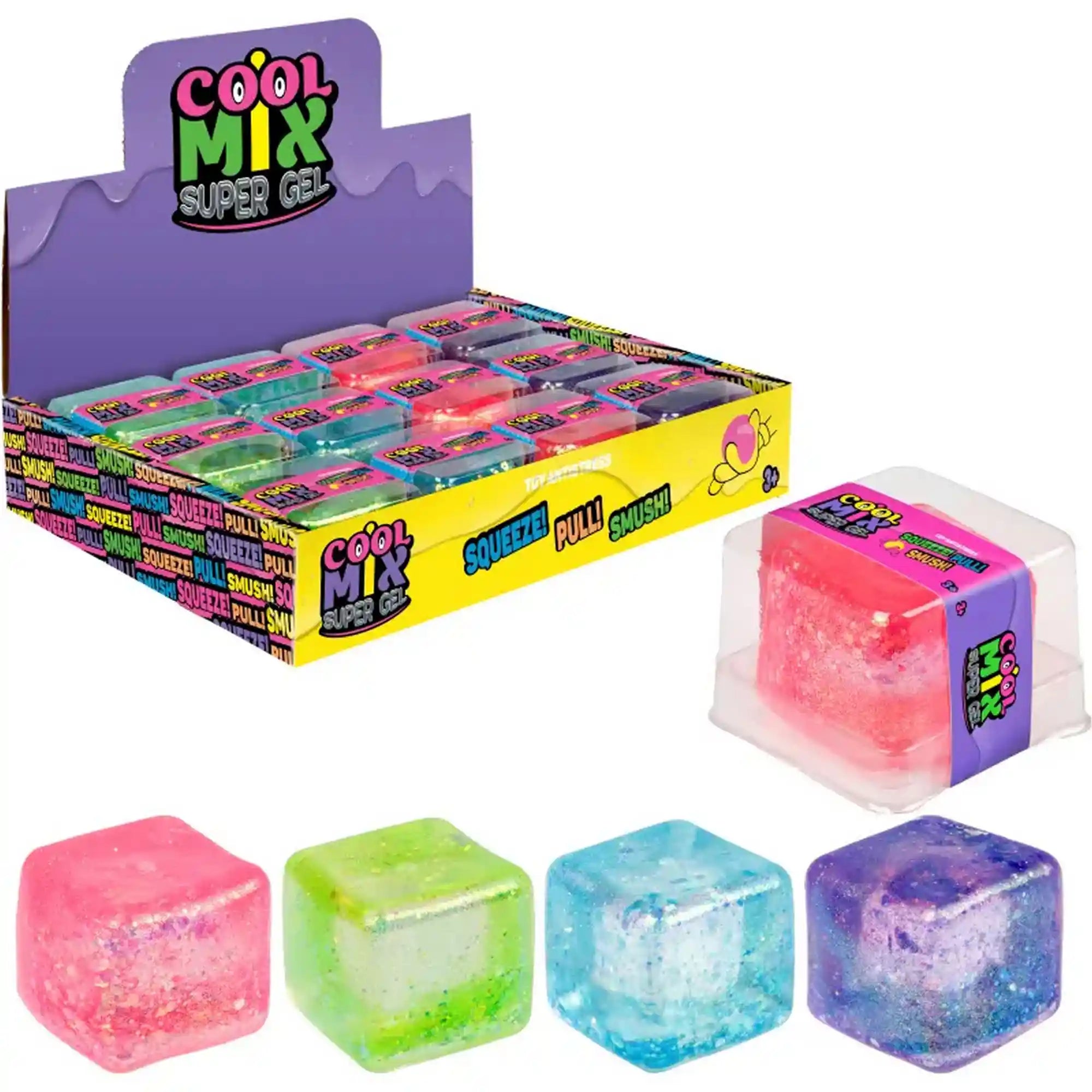 Cool Mix Super Gel termékbemutató lila, rózsaszín, zöld és kék zselés kockákkal, átlátszó csomagolással és színes gyűjtődobozzal.