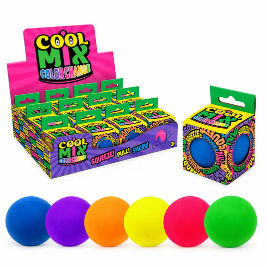 Cool Mix színváltós squishy stresszlevezető játék (kék), bemutatóállványon elhelyezett dobozokkal és hat különböző színű labdával.