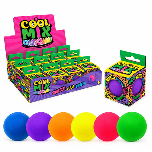 Cool Mix színváltós squishy stresszlevezető játék (lila), színes bemutatóállványon elhelyezett dobozokkal és hat különböző színű labdával.