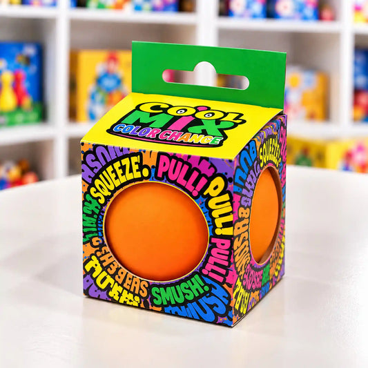 Cool Mix színváltós squishy stresszlevezető játék (narancssárga), színes feliratokkal díszített dobozban, két kerek nyíláson keresztül látható narancssárga labdával.
