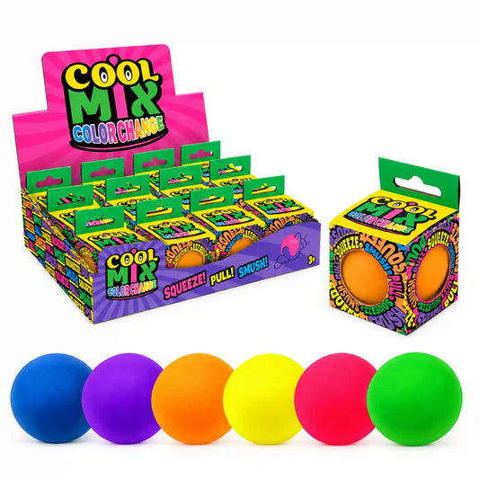 Cool Mix színváltós squishy stresszlevezető játék (narancssárga), színes bemutatóállványon elhelyezett dobozokkal, narancssárga labdával és hat különböző színváltozattal.