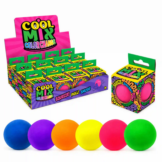 Cool Mix színváltós squishy stresszlevezető játék (rózsaszín), színes bemutatóállványon elhelyezett dobozokkal, rózsaszín labdával és hat különböző színváltozattal.