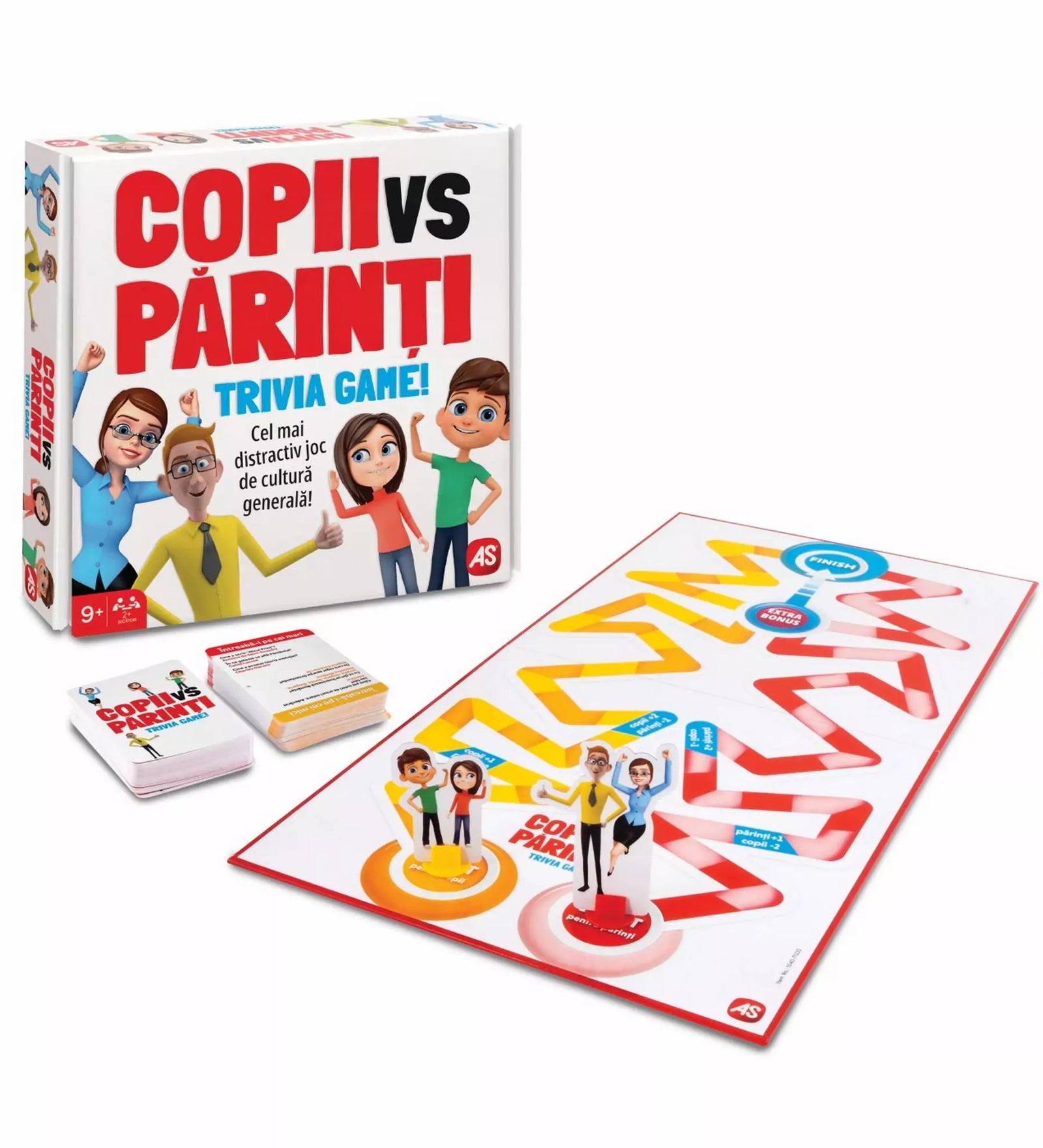 A Copii vs Părinți társasjáték tartalma kibontva: játéktábla, kártyapaklik és bábufigurák a doboz mellett elhelyezve.