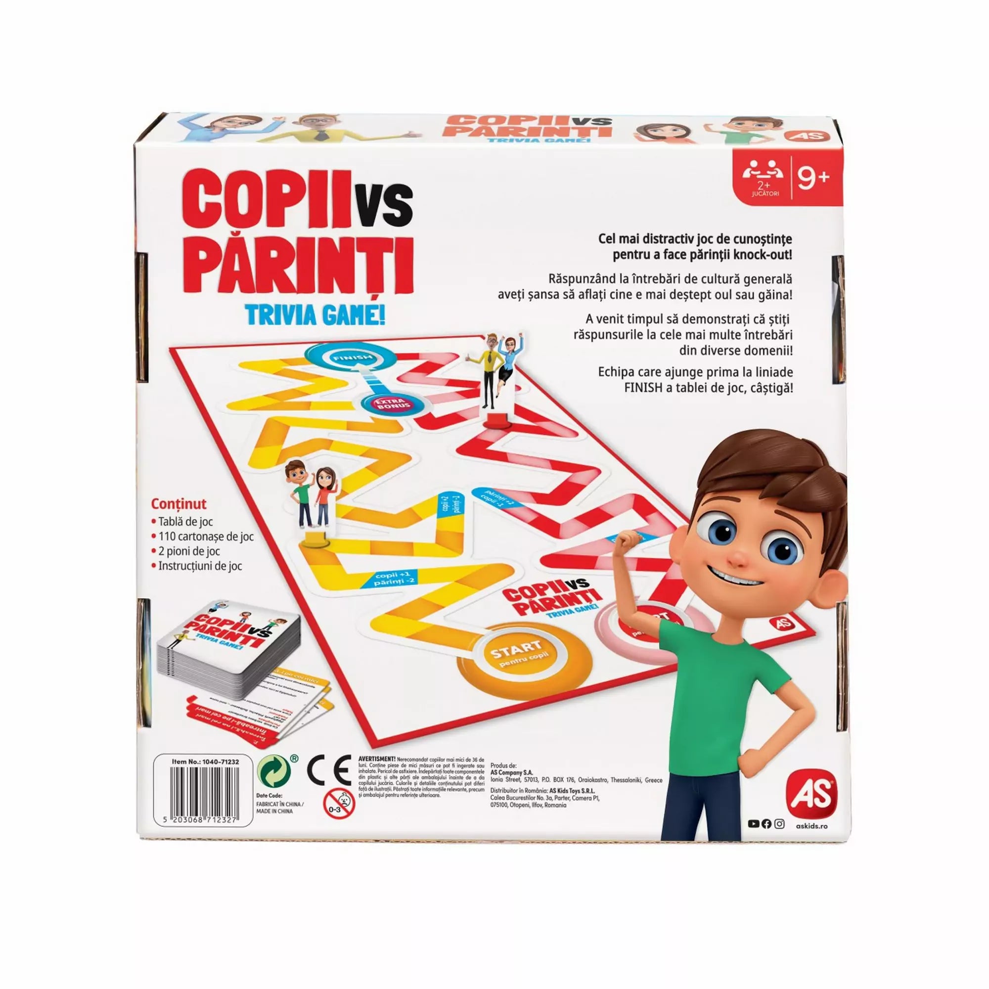 A Copii vs Părinți társasjáték doboz hátoldala, bemutatva a játéktáblát, a doboz tartalmát és a játék leírását.