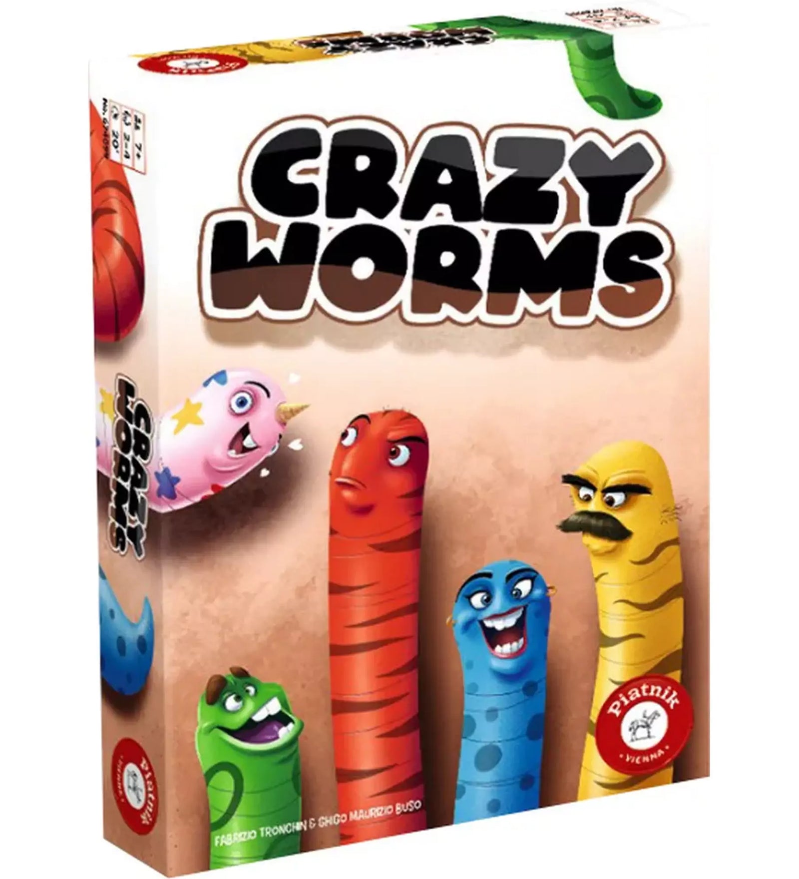 „A Crazy Worms társasjáték doboza, amelyen színes, mókás kukacfigurák láthatók különböző arckifejezésekkel, vidám hangulatot sugározva.”