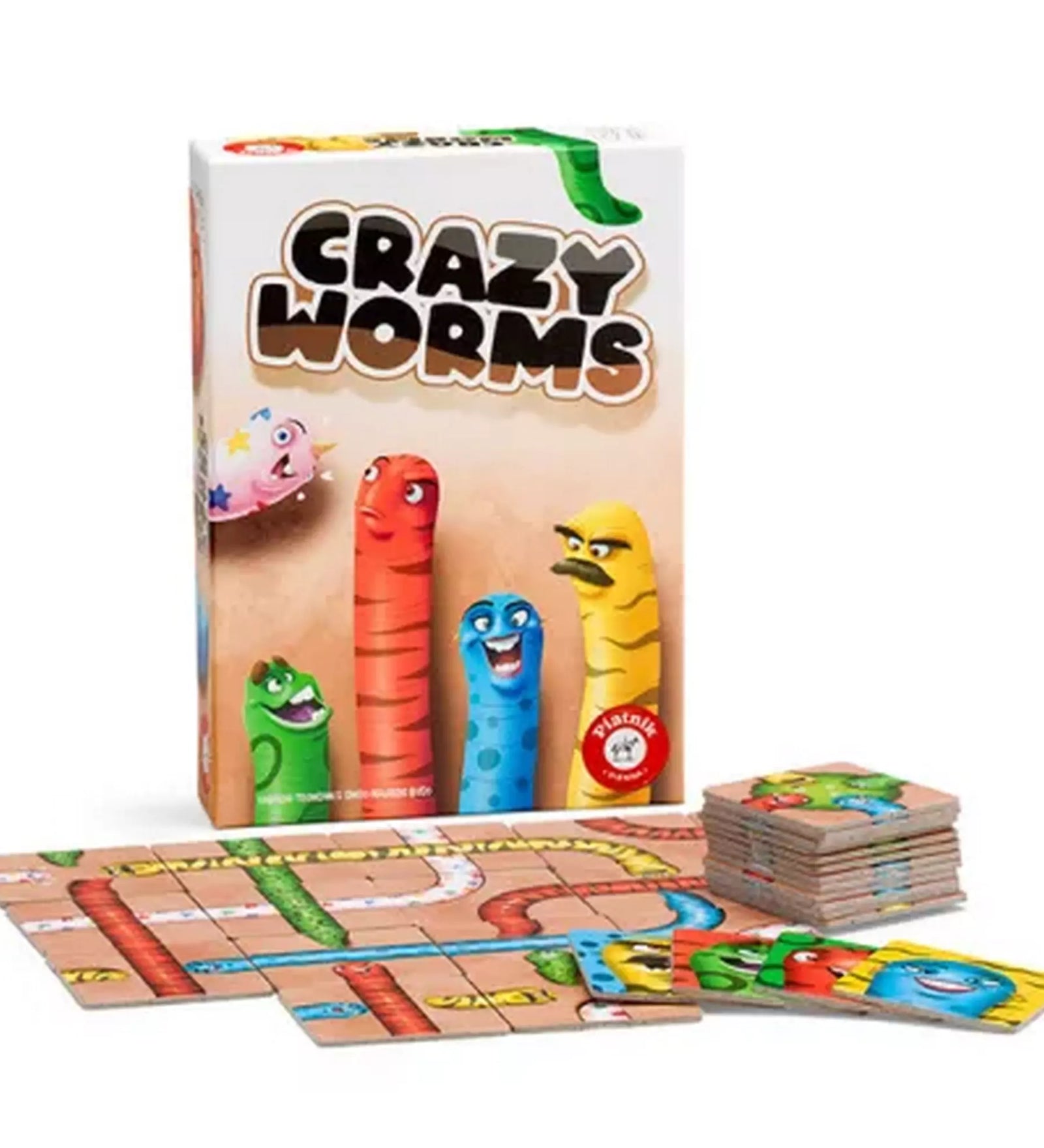 „A Crazy Worms társasjáték doboza a színes játéklapokkal és elemekkel, ahol a játékosok célja a leghosszabb és legértékesebb kukac felépítése.”