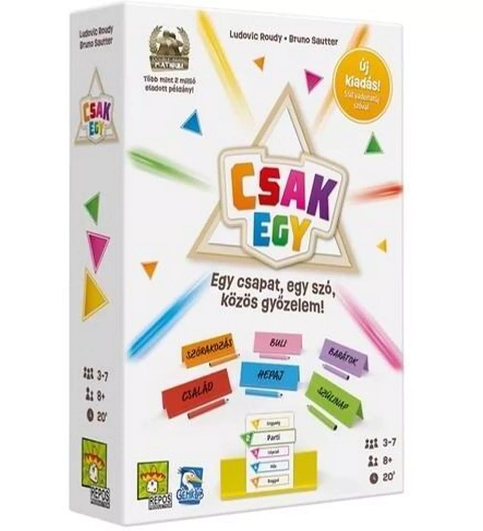 „Csak Egy társasjáték második kiadásának doboza fehér háttérrel és színes dizájnnal. A borítón a játék logója, szavakat ábrázoló kártyák és a szlogen: Egy csapat, egy szó, közös győzelem! látható.”