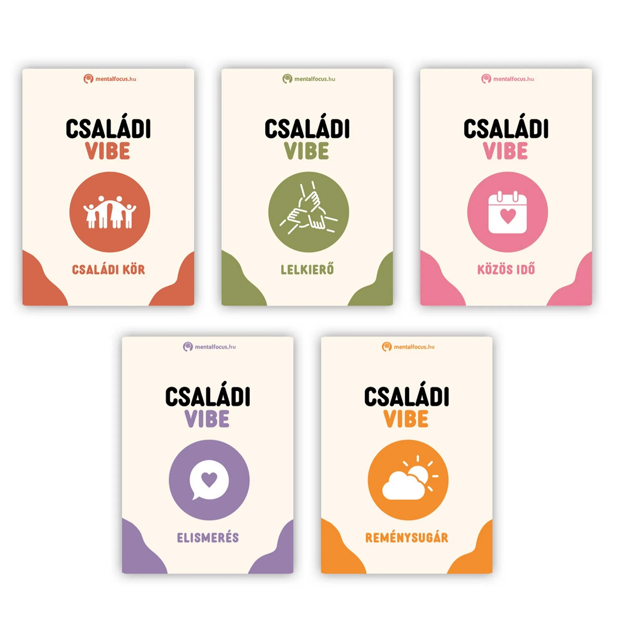 A Családi Vibe öt témakörének színes kártyalapjai: Családi kör, Lelkierő, Közös idő, Elismerés és Reménysugár