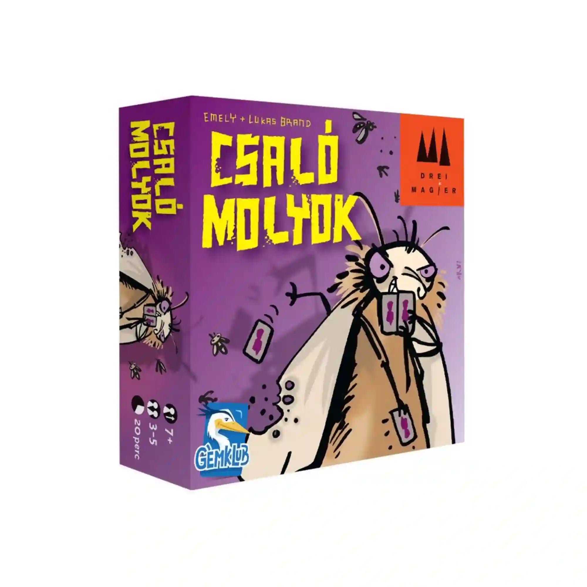Csaló molyok magyar nyelvű társasjáték lila doboza, nagy szemű, kártyákat tartó moly illusztrációjával.