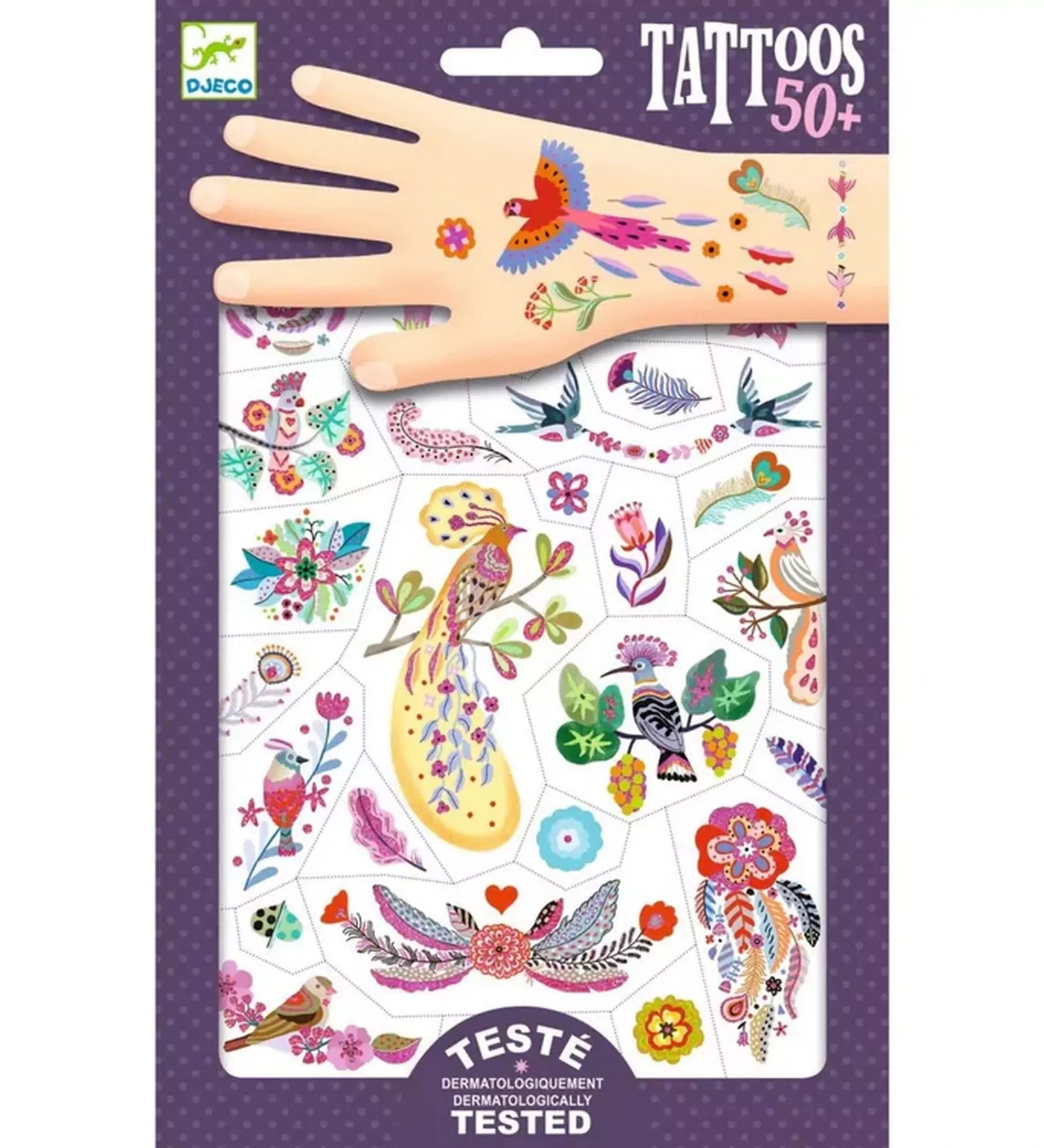 Djeco Tattoos 50+ tetoválómatrica szett csomagolása, madarak, virágok és tollak motívumaival, dermatológiailag tesztelt kivitelben.