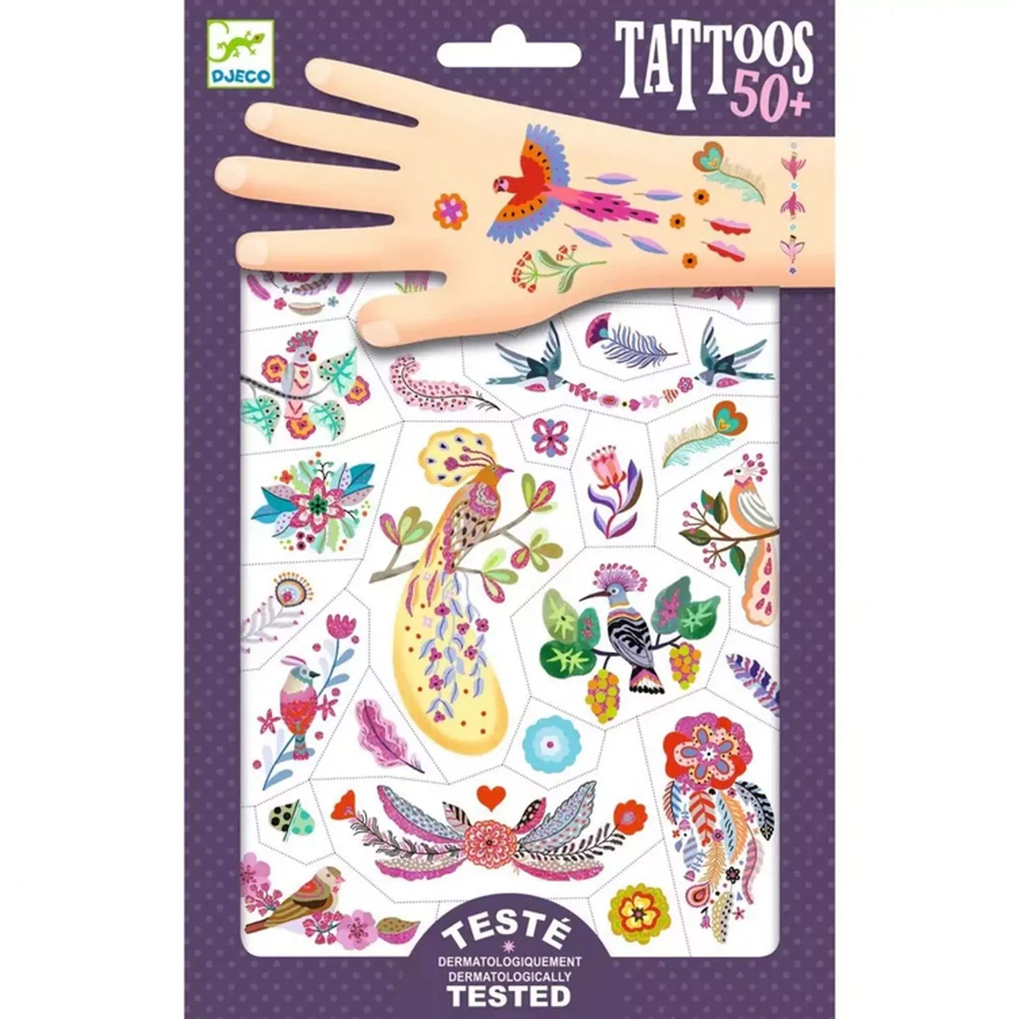 Djeco Tattoos 50+ tetoválómatrica szett csomagolása, madarak, virágok és tollak motívumaival, dermatológiailag tesztelt kivitelben.